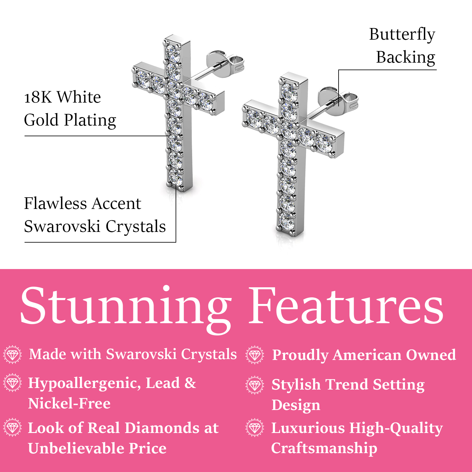 Nayeli 18k White Gold Plated Silver Cross Stud Earrings with Swarovski Crystals