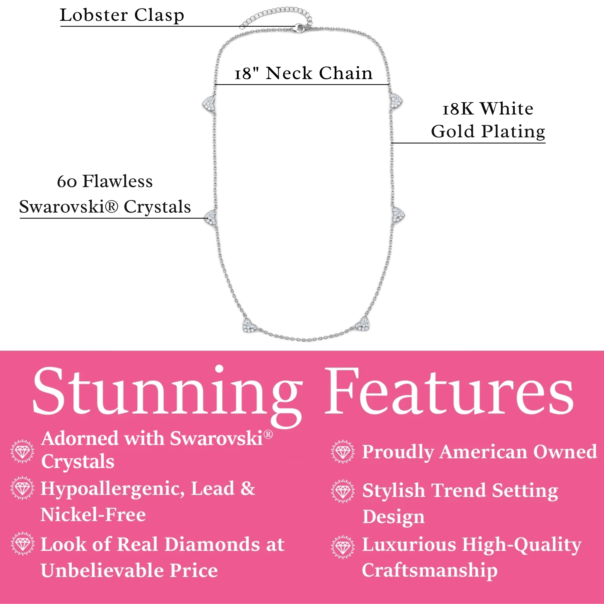 Irene 18k White Gold Plated Heart Station Necklace with Swarovski Crystals