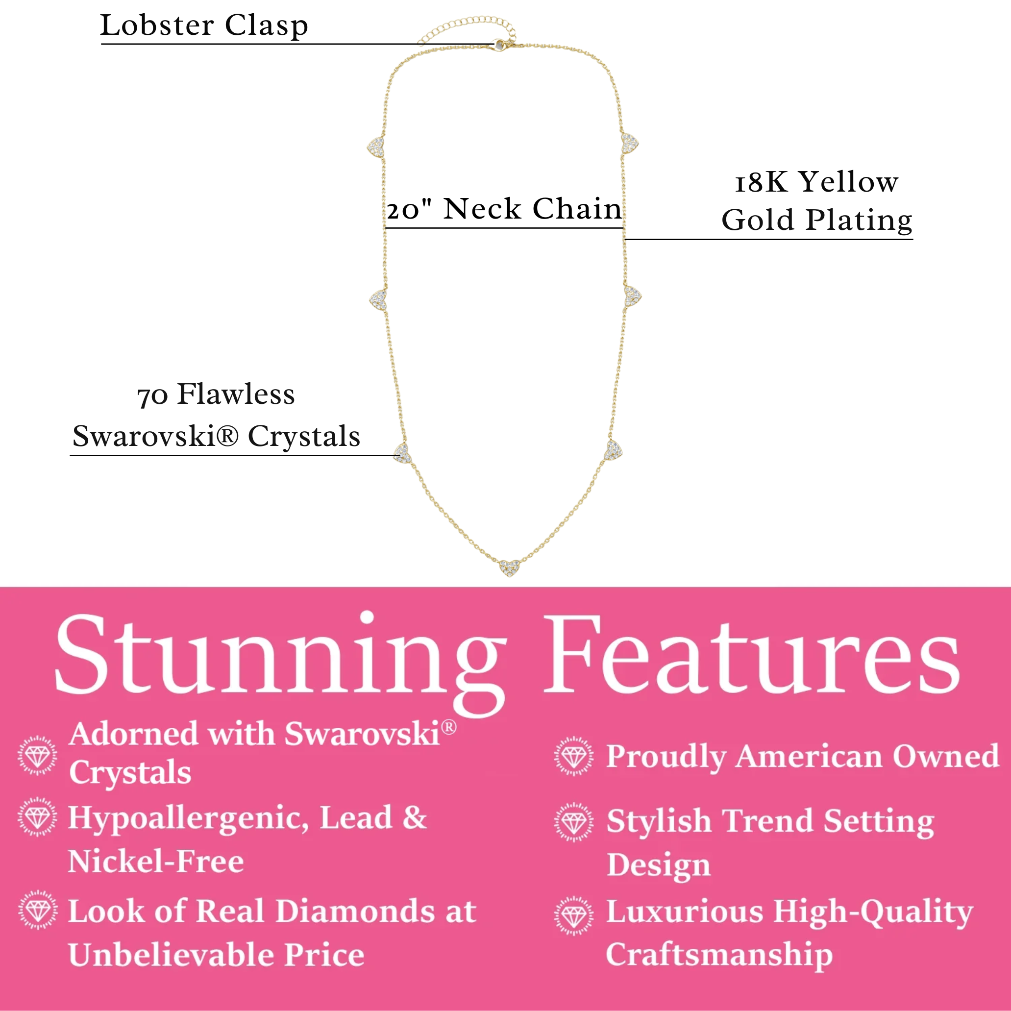 Irene 18k White Gold Plated Heart Station Necklace with Swarovski Crystals