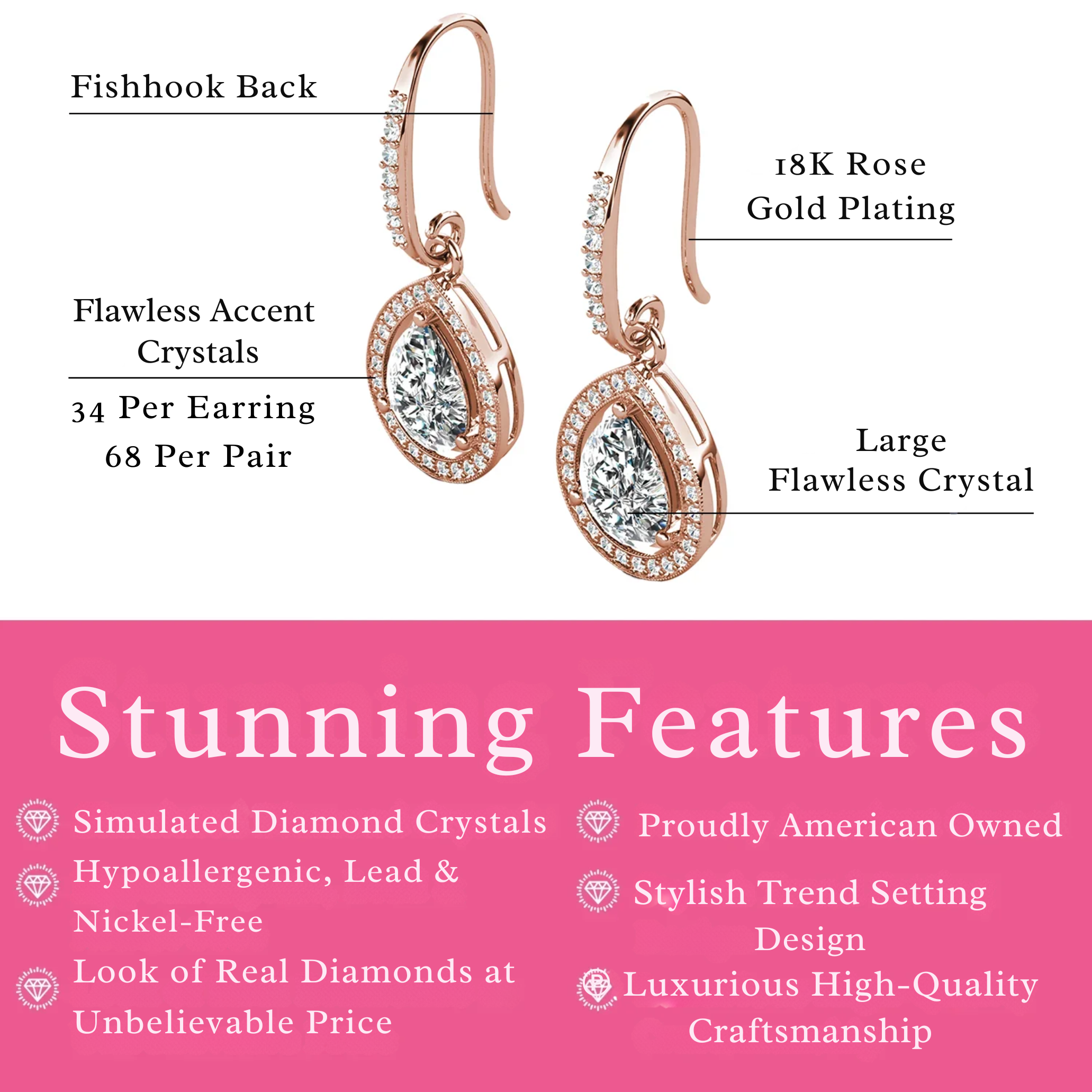 Isabel 18k Gold Plated Dangle Teardrop Earrings with Simulated Diamond Crystals (3 Pair Set)