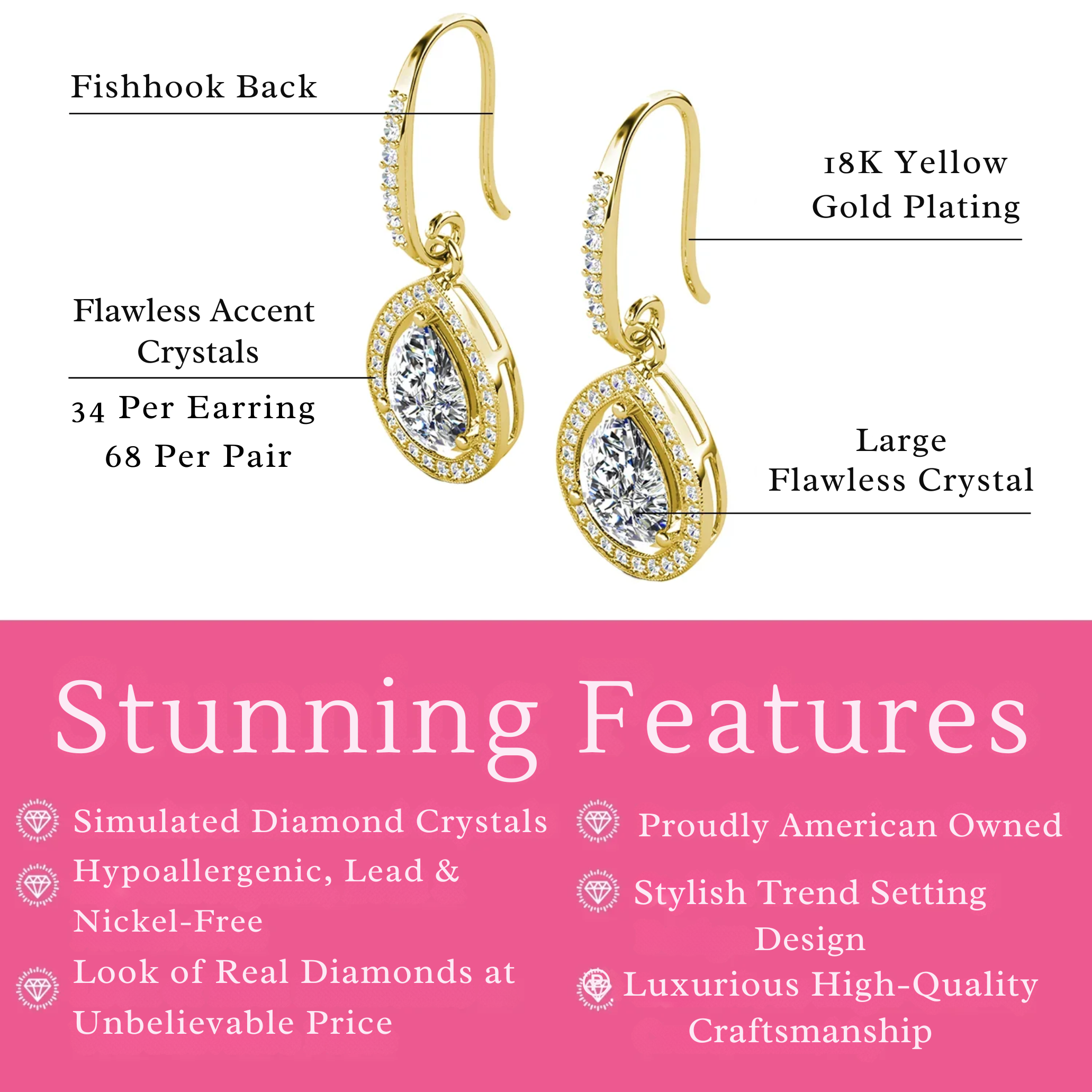 Isabel 18k Gold Plated Dangle Teardrop Earrings with Simulated Diamond Crystals (3 Pair Set)