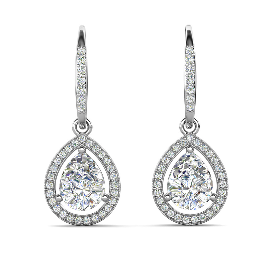 Isabel 18k White Gold Plated Halo Teardrop Earrings with Simulated Diamond Crystals