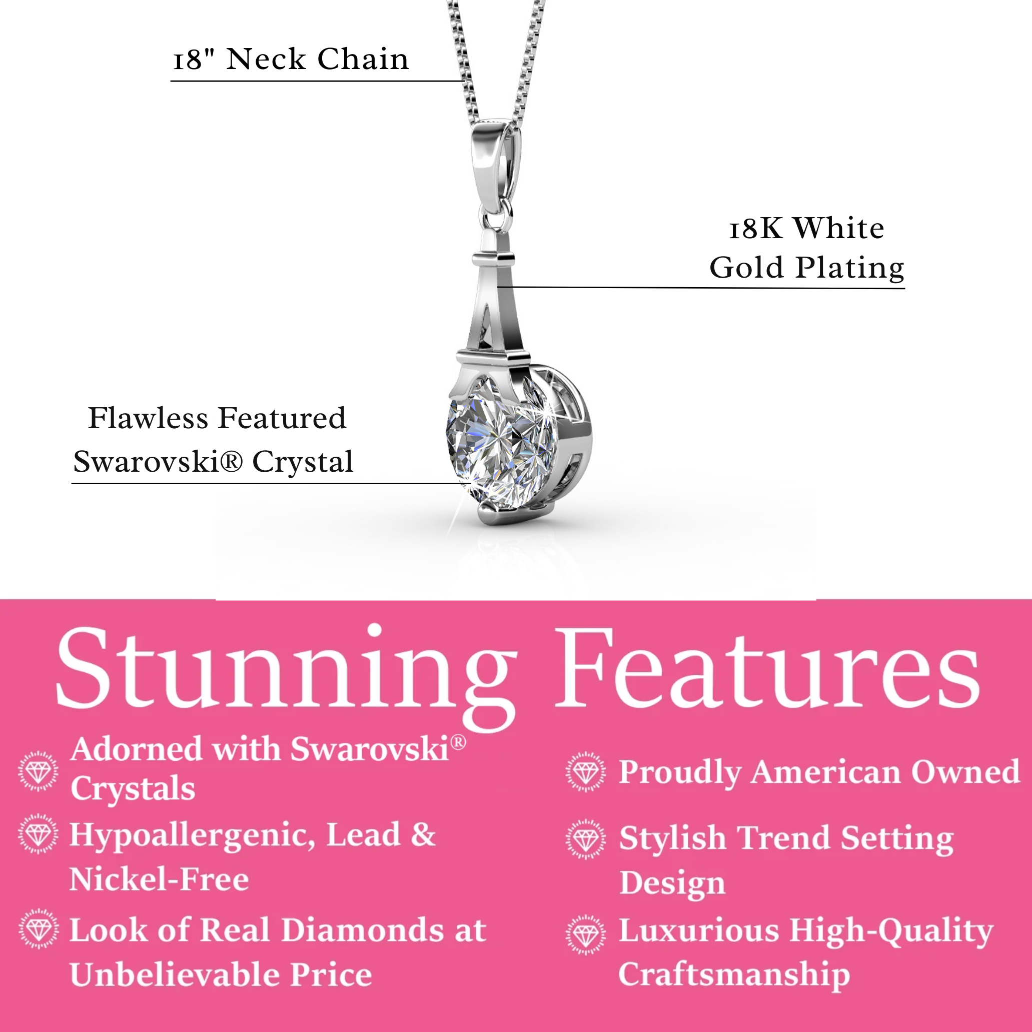 Isla 18k White Gold Plated Pendant Necklace with Round Swarovski Crystal