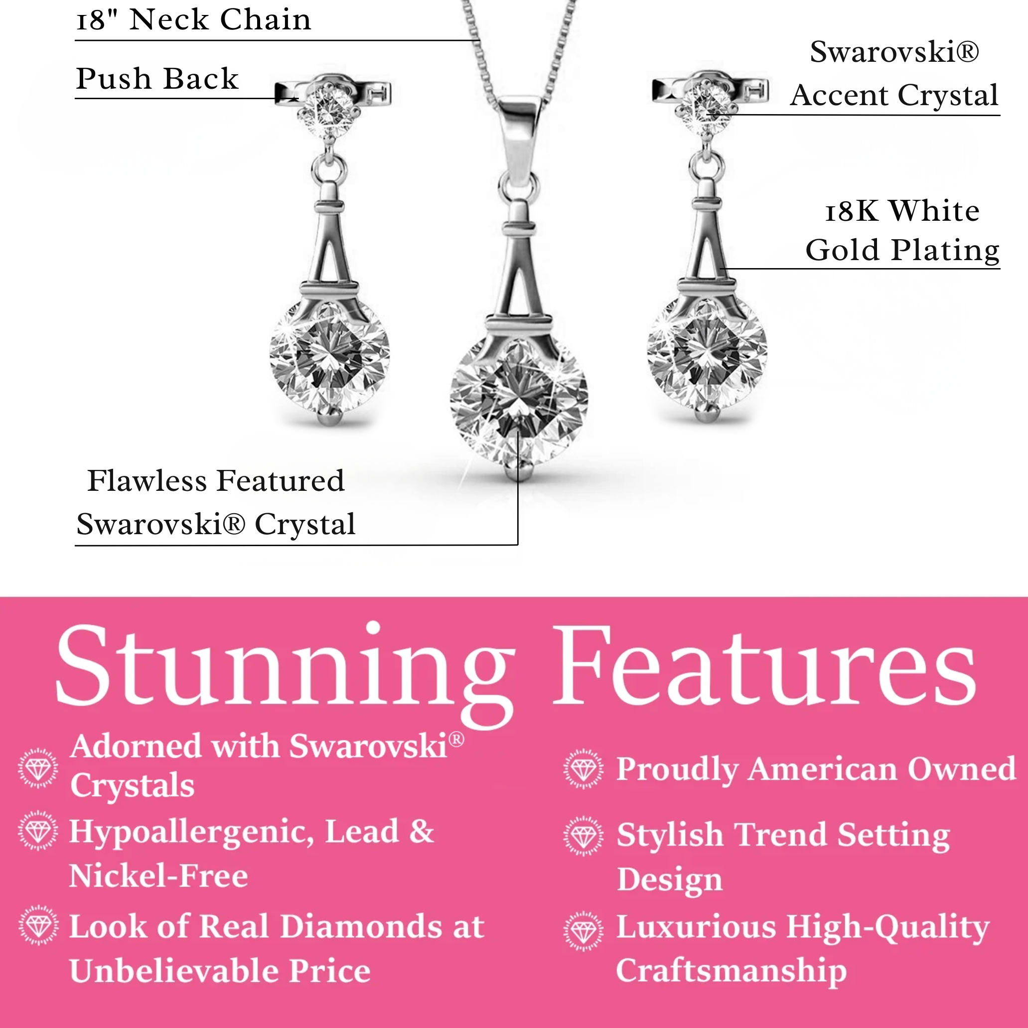 Isla 18k White Gold Plated Necklace and Earrings Jewelry Set with Swarovski Crystals