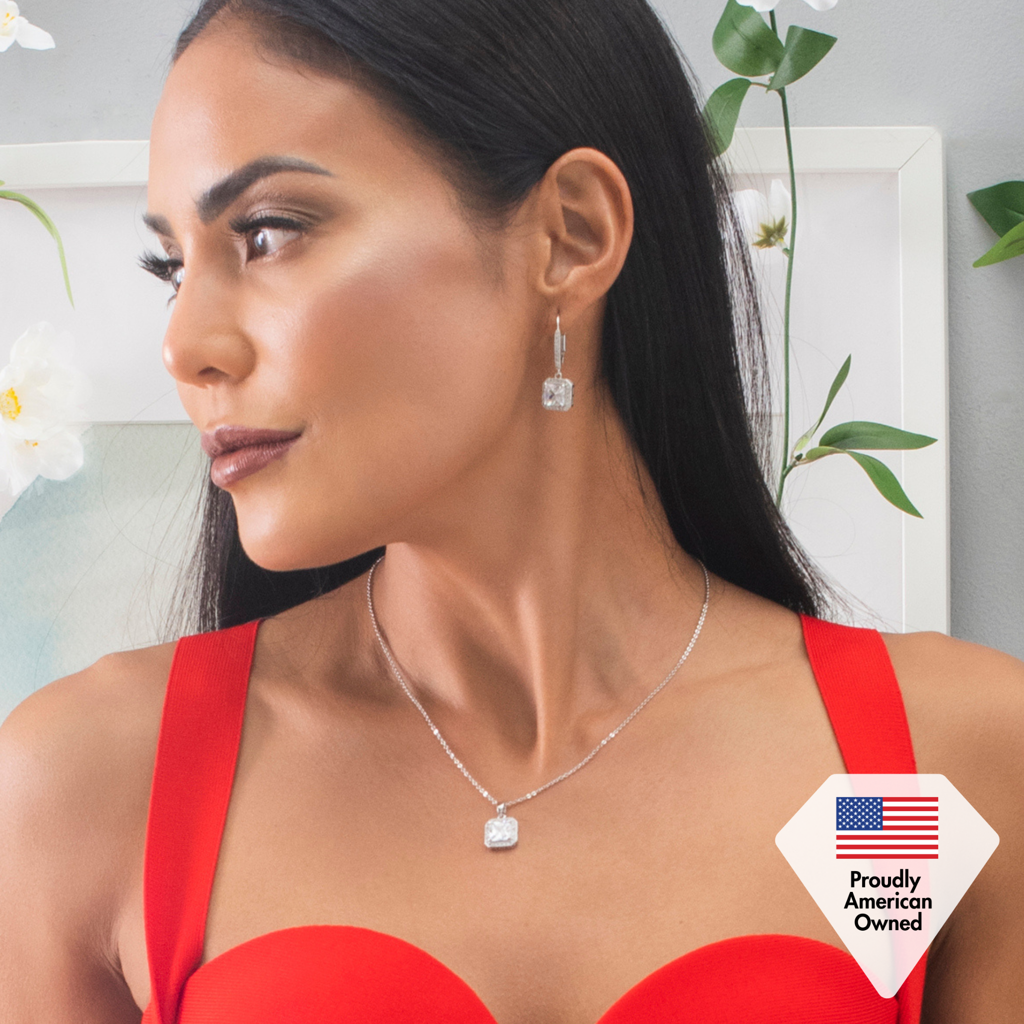 Ivy 18k White Gold Plated Halo Dangle Earrings with Princess Cut Simulated Diamond Crystals