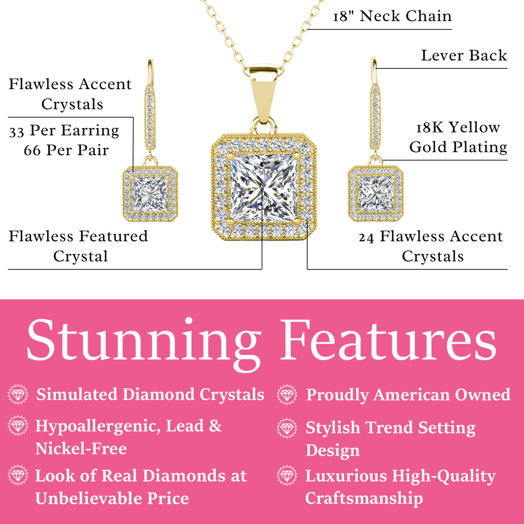 Ivy 18k White Gold Plated Dangle Earring and Necklace Jewelry Set with Simulated Diamond Crystals
