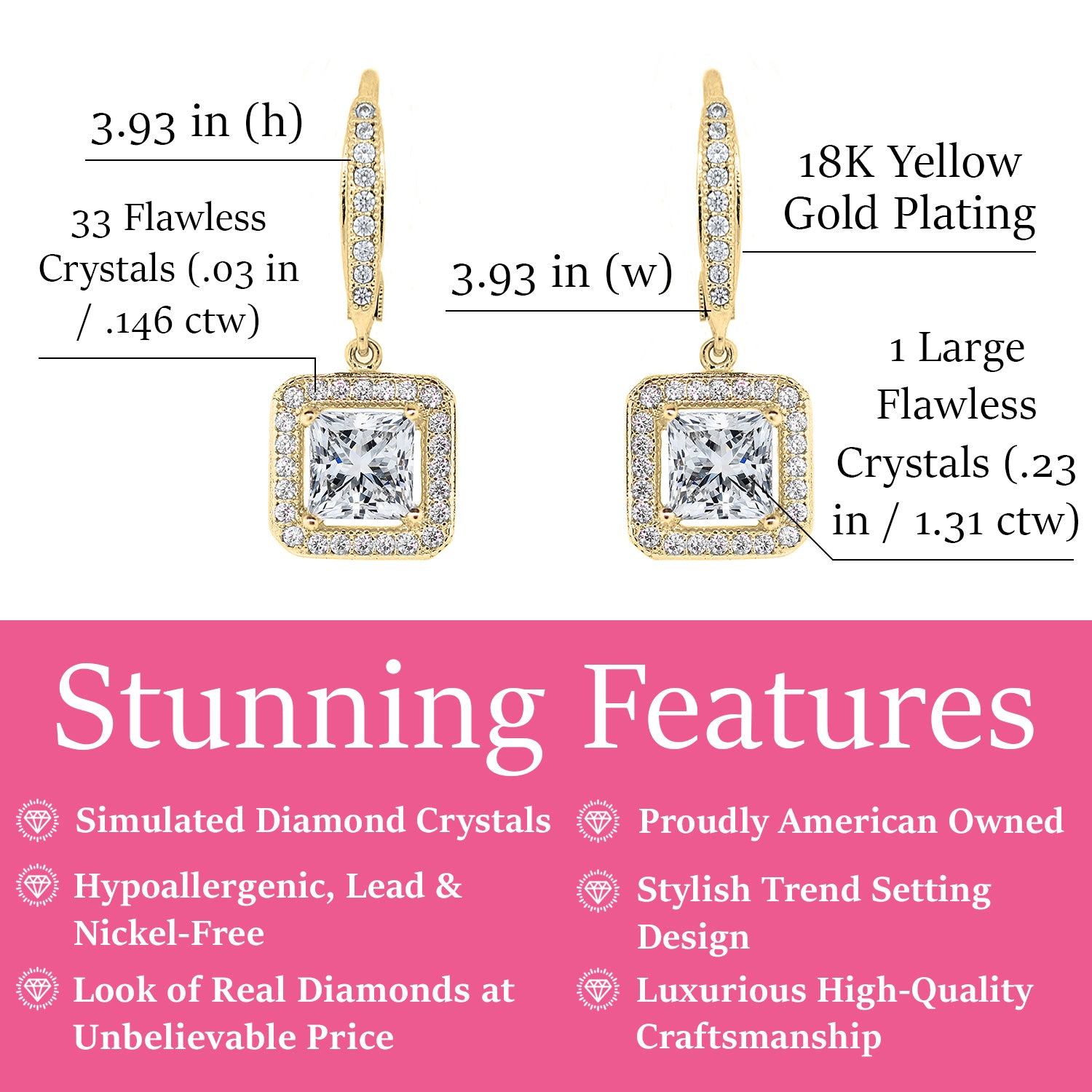 Ivy 18k White Gold Plated Halo Drop Earrings with Princess Cut Simulated Diamond Crystals