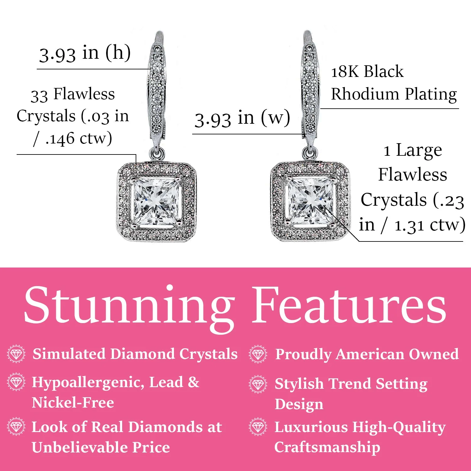 Ivy 18k White Gold Plated Halo Drop Earrings with Princess Cut Simulated Diamond Crystals