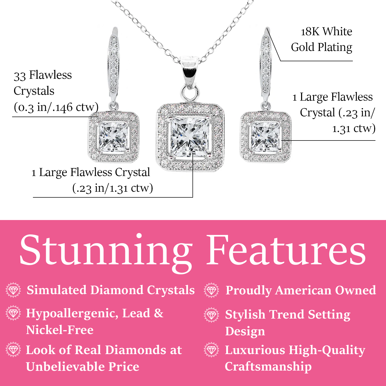 Ivy 18k White Gold Plated Cubic Zirconia Pendant Necklace and Earrings Jewelry Set