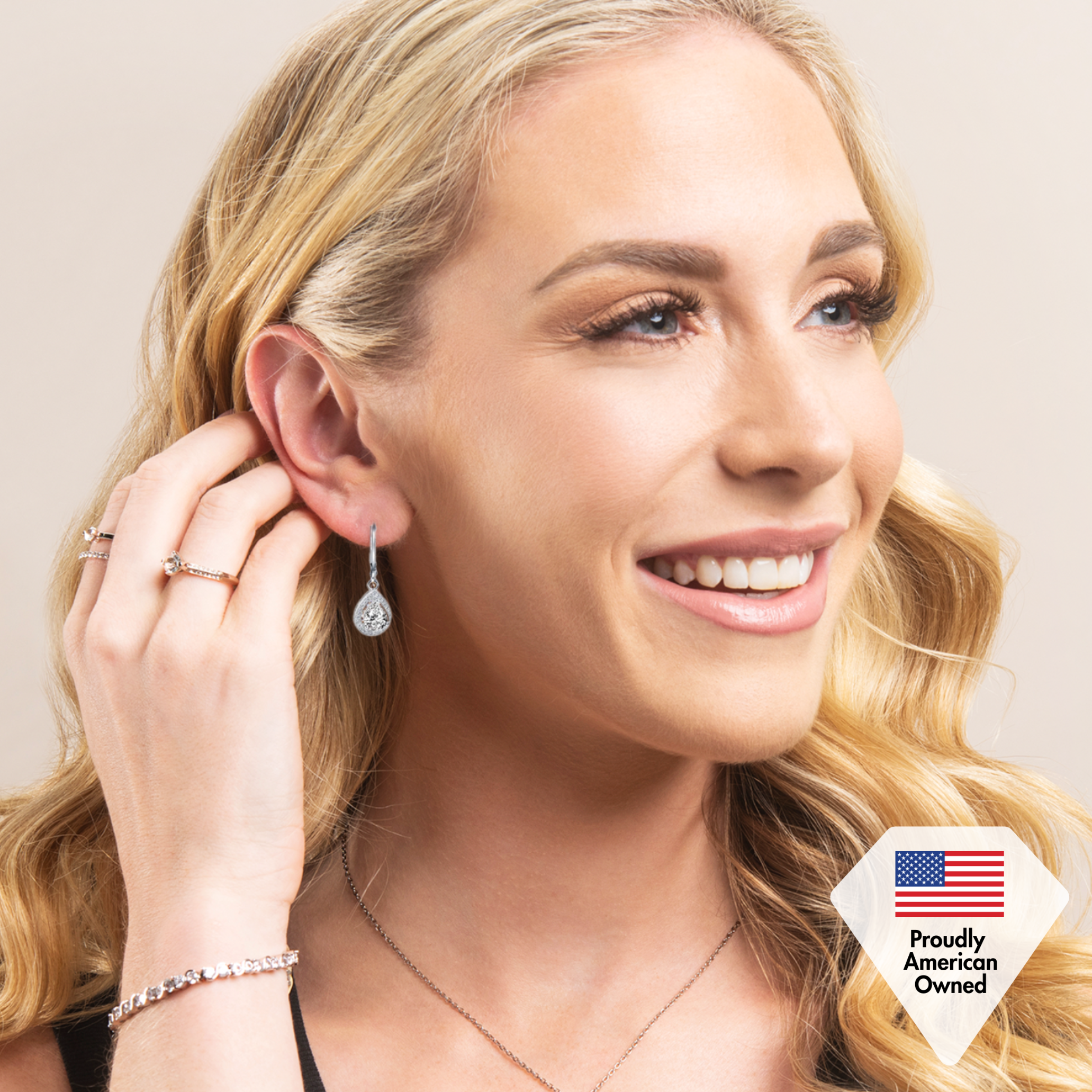 Izzy 18k White Gold Plated Halo Tear drop Dangle Earrings with Simulated Diamond Crystals