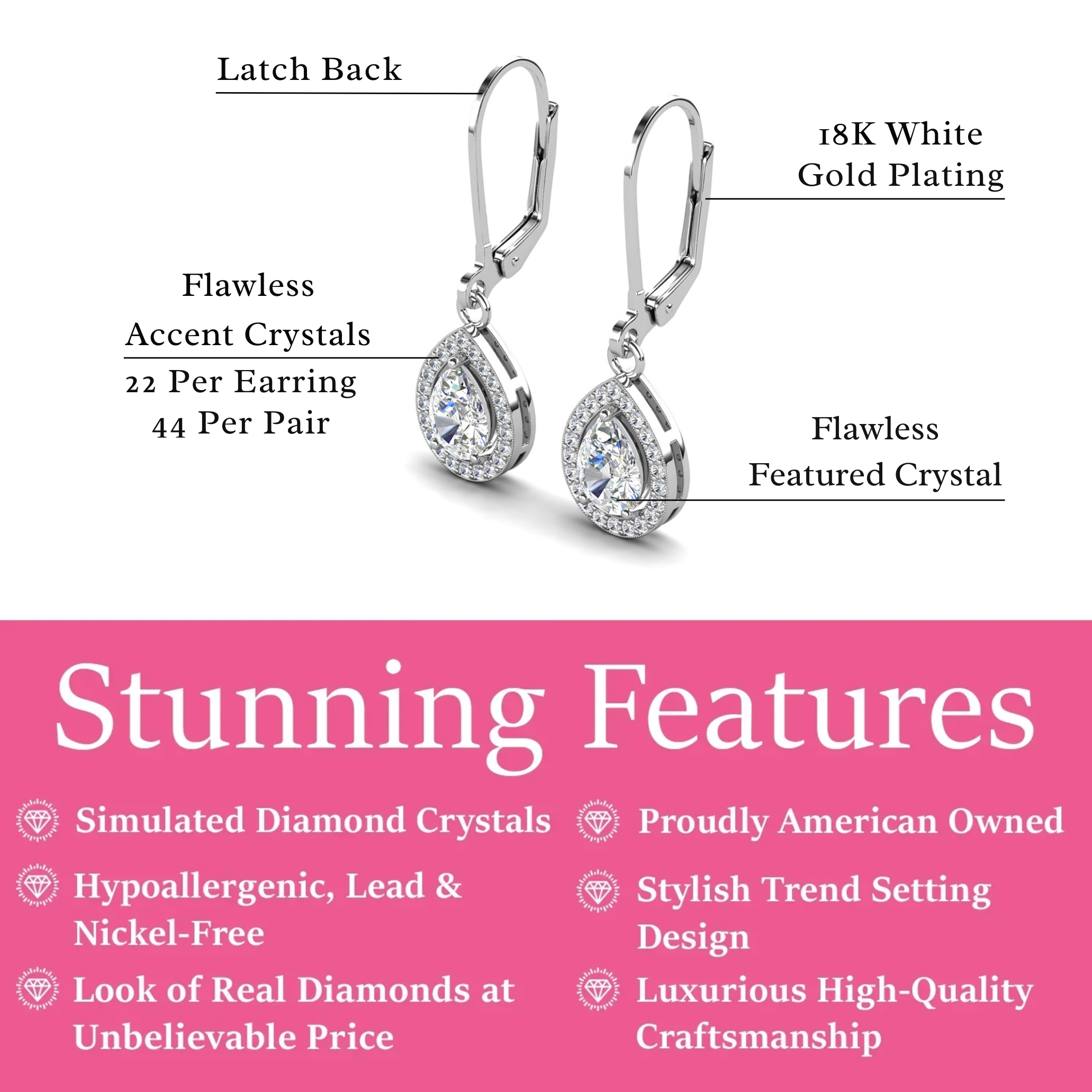 Izzy 18k White Gold Plated Halo Tear drop Dangle Earrings with Simulated Diamond Crystals