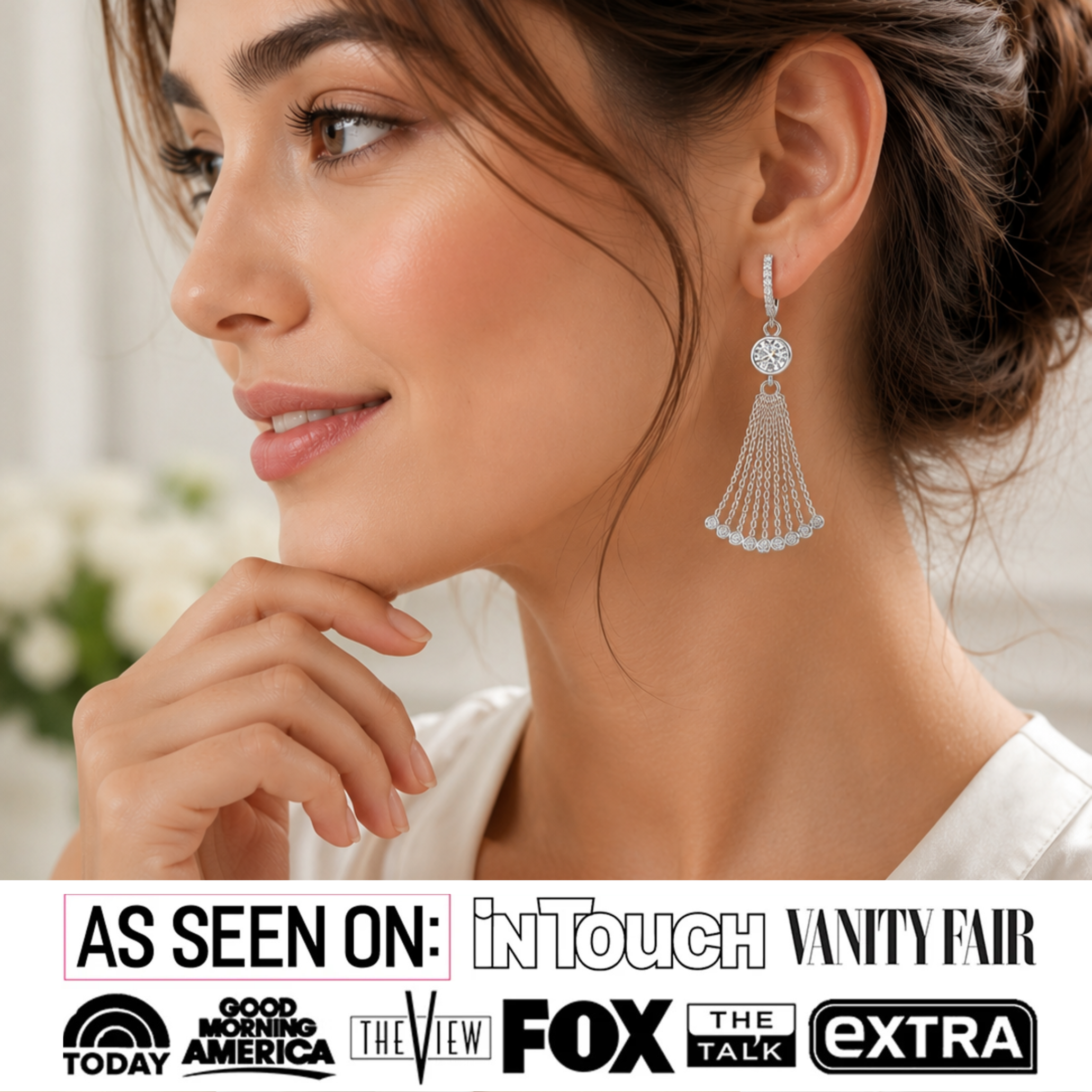 Jackie 18k White Gold Plated Dangle Tassel Earrings with Simulated Diamond Crystals