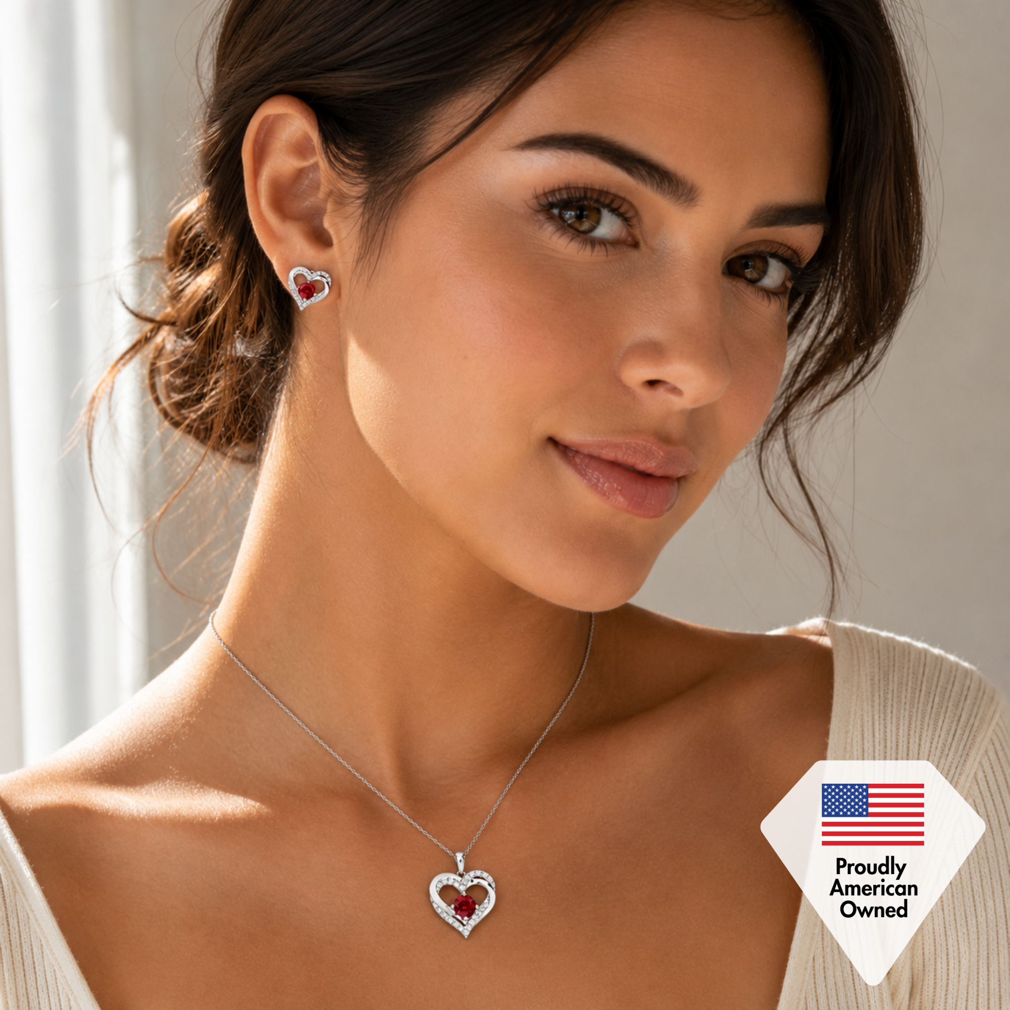 Forever Birthstone 18k White Gold Plated Double Heart Necklace with Swarovski Crystals