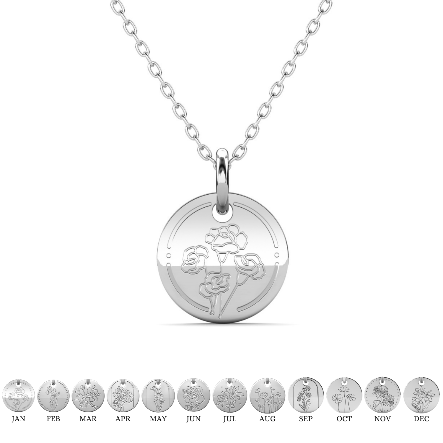 Floral 18k White Gold Plated Engraved Birth Month Flower Pendant Necklace