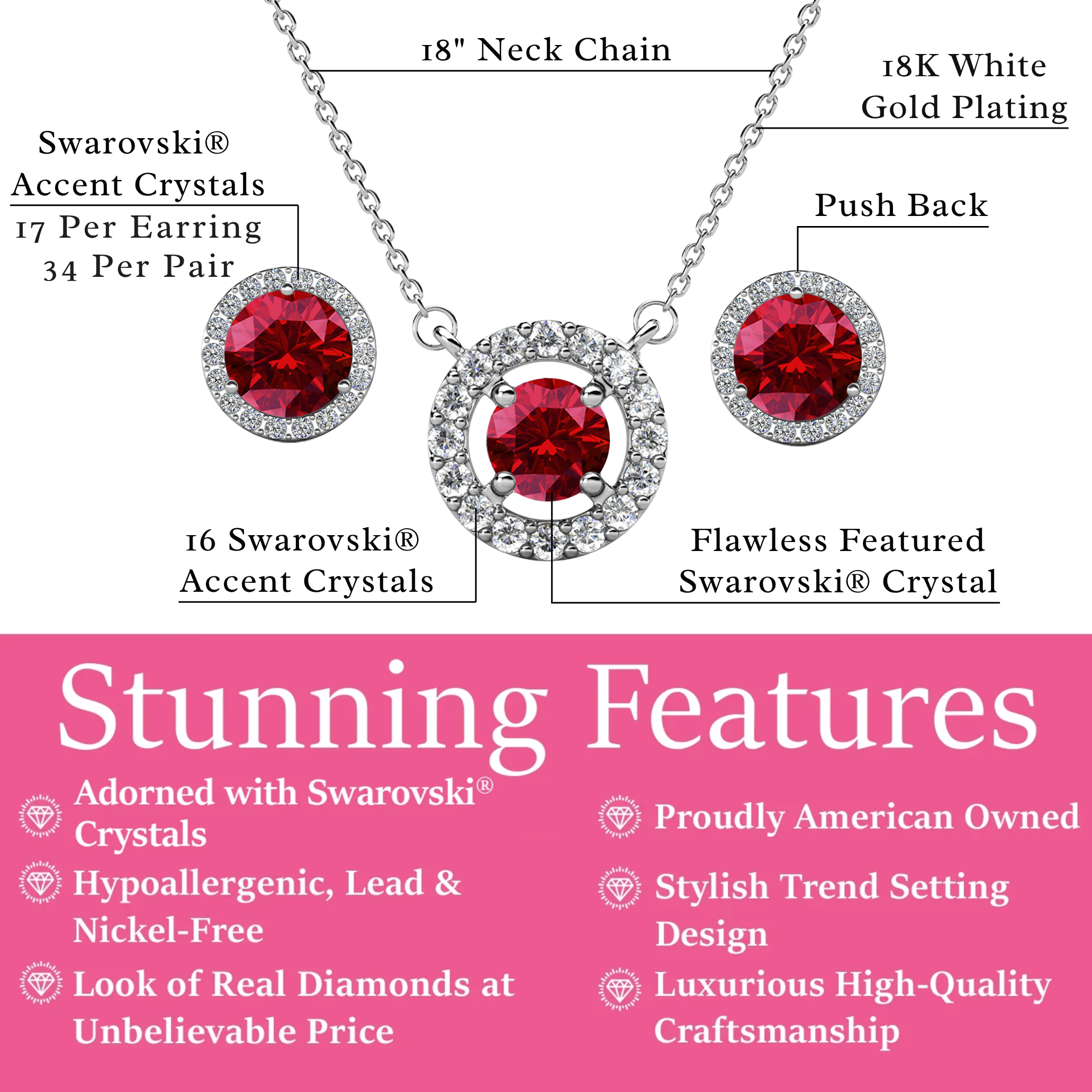 Royal Birthstone 18k White Gold Plated Halo Stud Earrings and Necklace Set with Swarovski Crystals