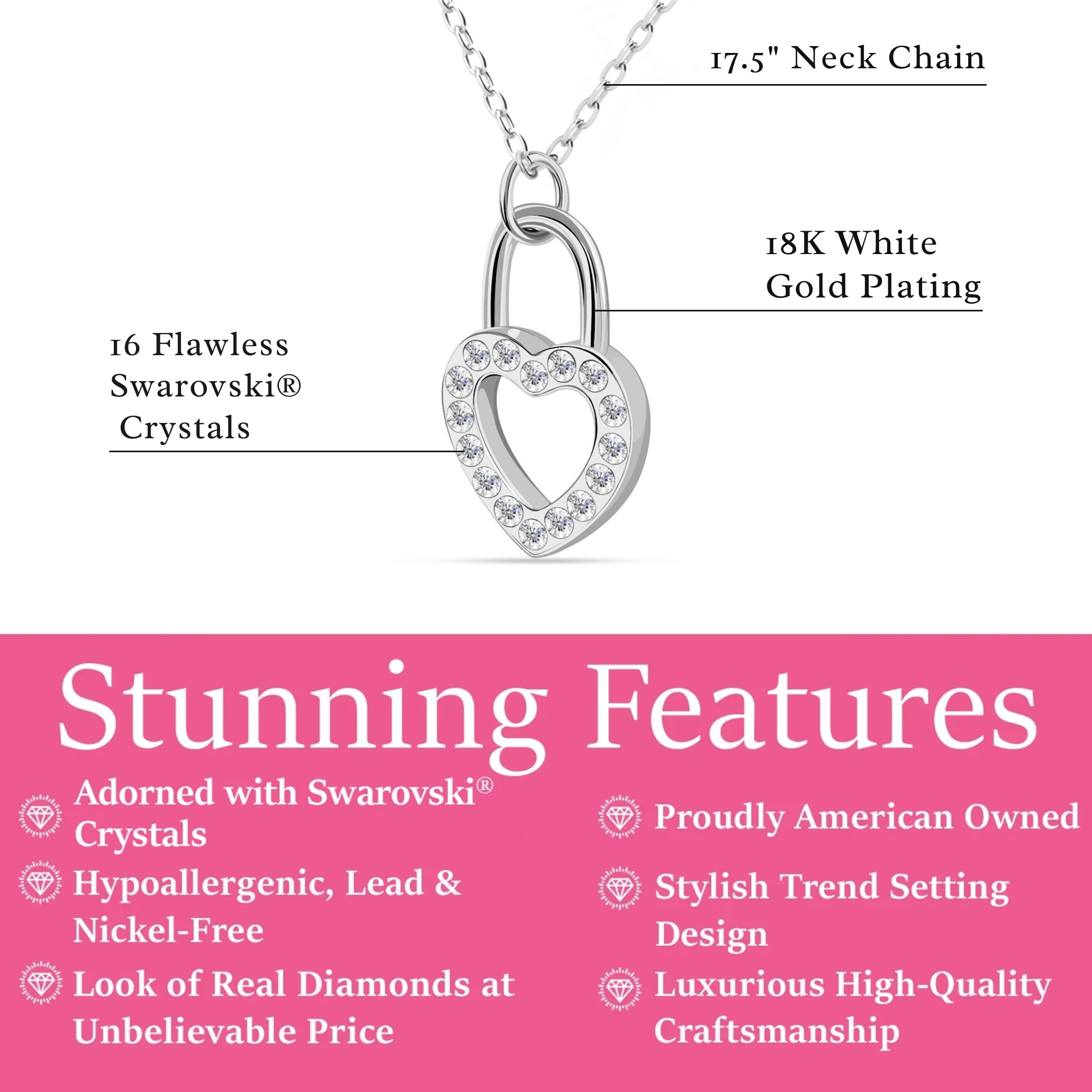 Janelle 18k White Gold Plated Heart Padlock Pendant Necklace with Swarovski Crystals