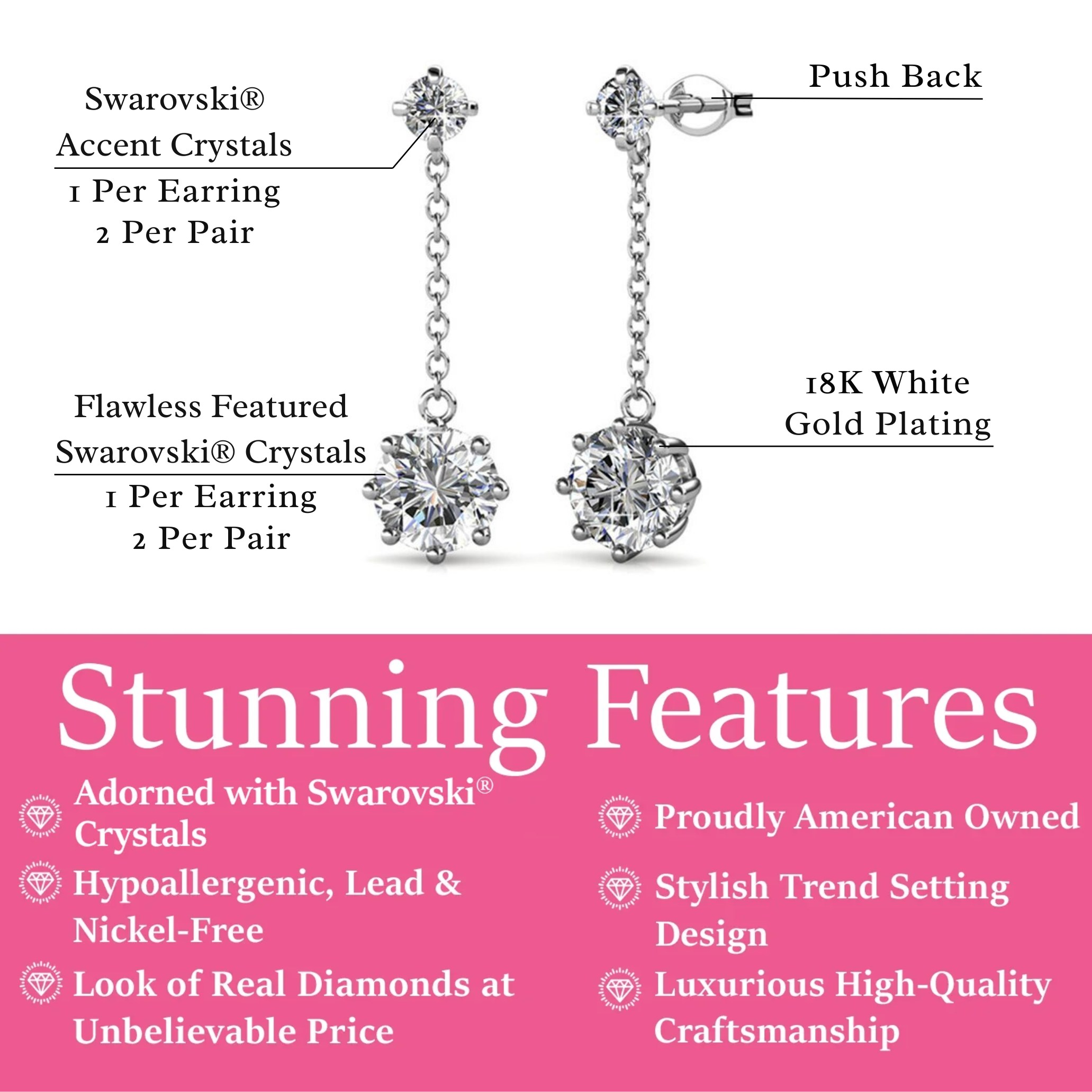 Jessie 18K White Gold Plated Dangle Stud Earrings with Swarovski Crystals