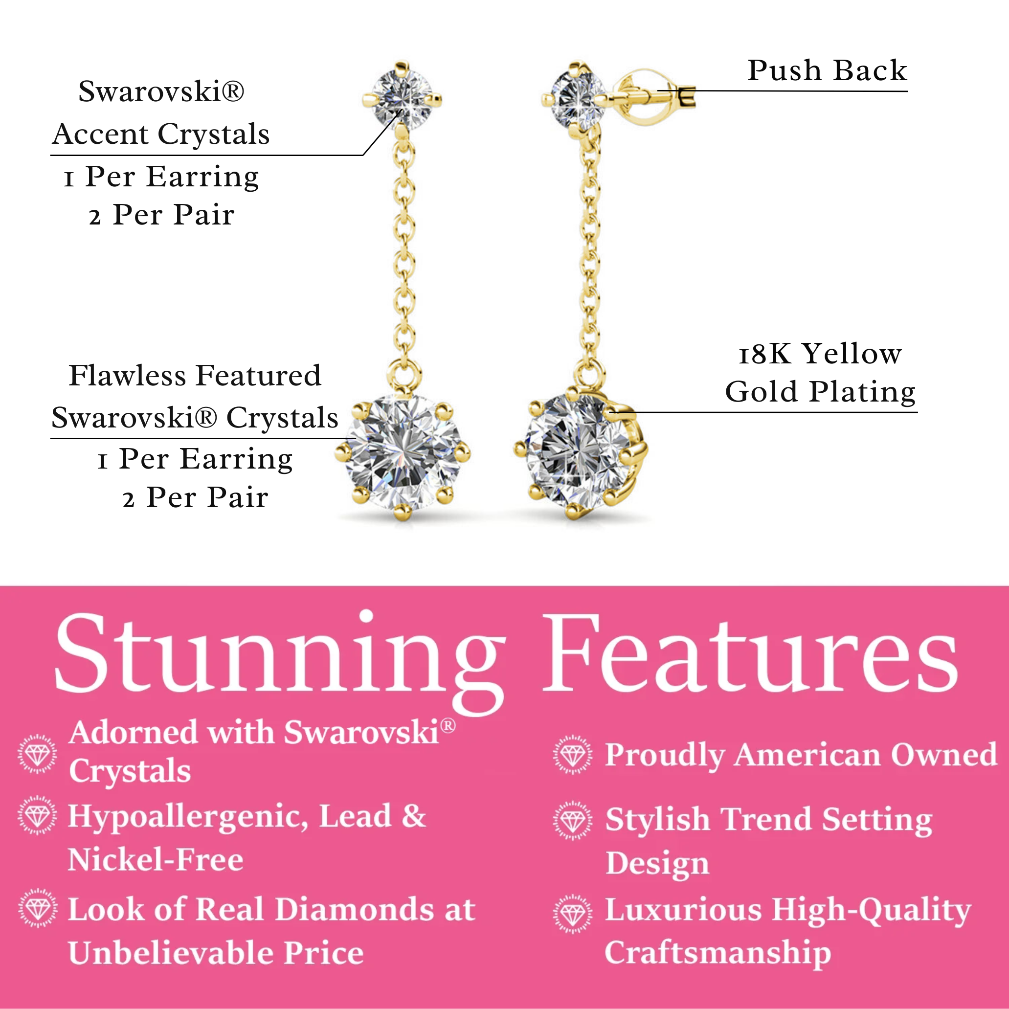 Jessie 18K White Gold Plated Dangle Stud Earrings with Swarovski Crystals