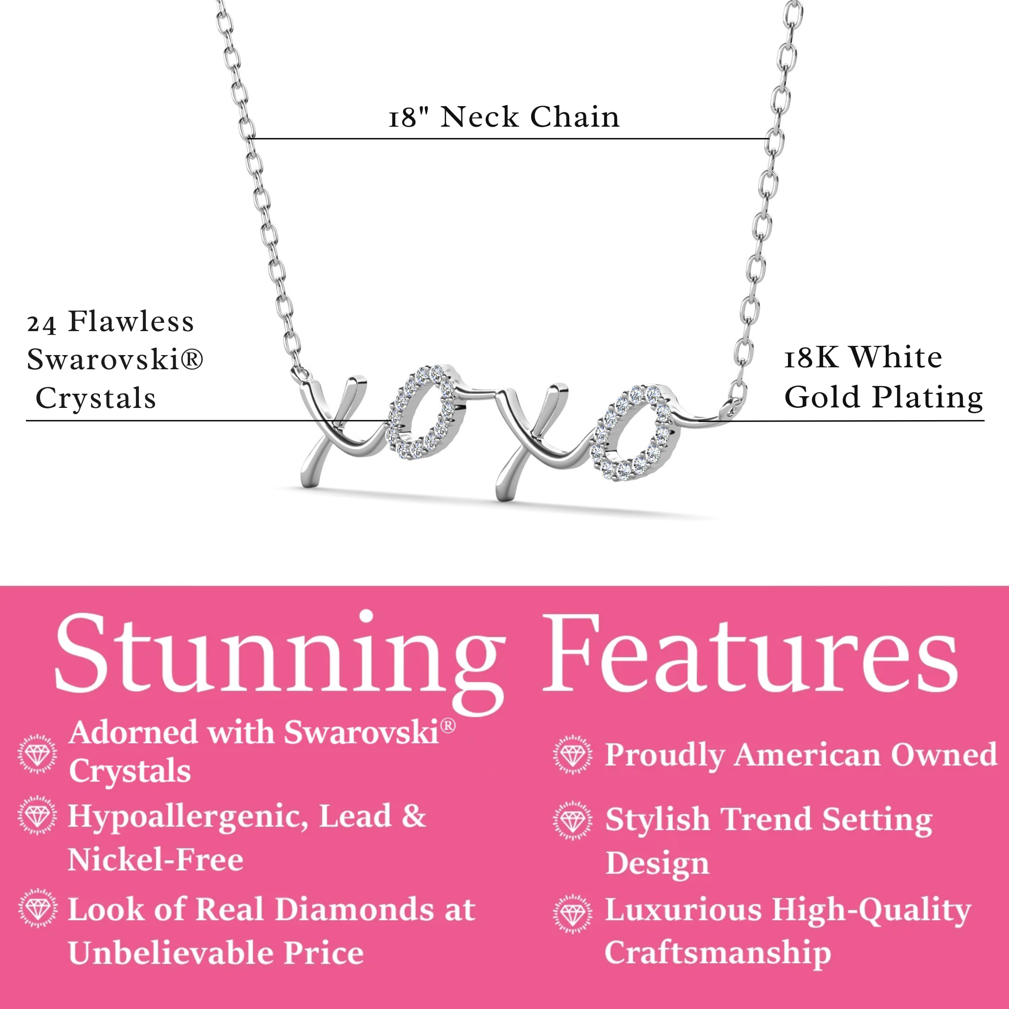 Jocelyn 18k White Gold Plated XOXO Pendant Necklace with Swarovski Crystals
