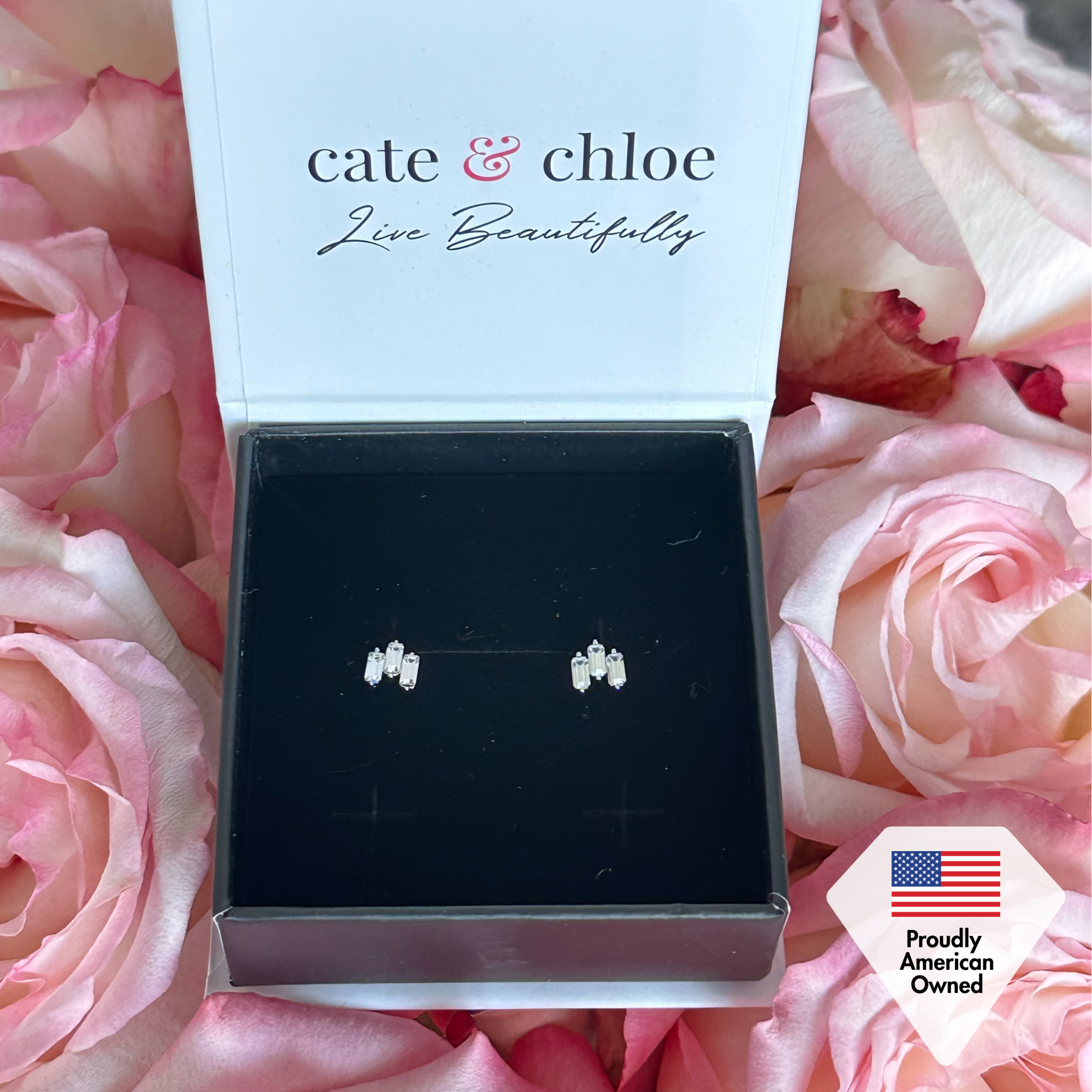 Jovie 18k White Gold Plated 3-Stone Emerald Cut Stud Earrings & To Bridesmaid Leaf Card