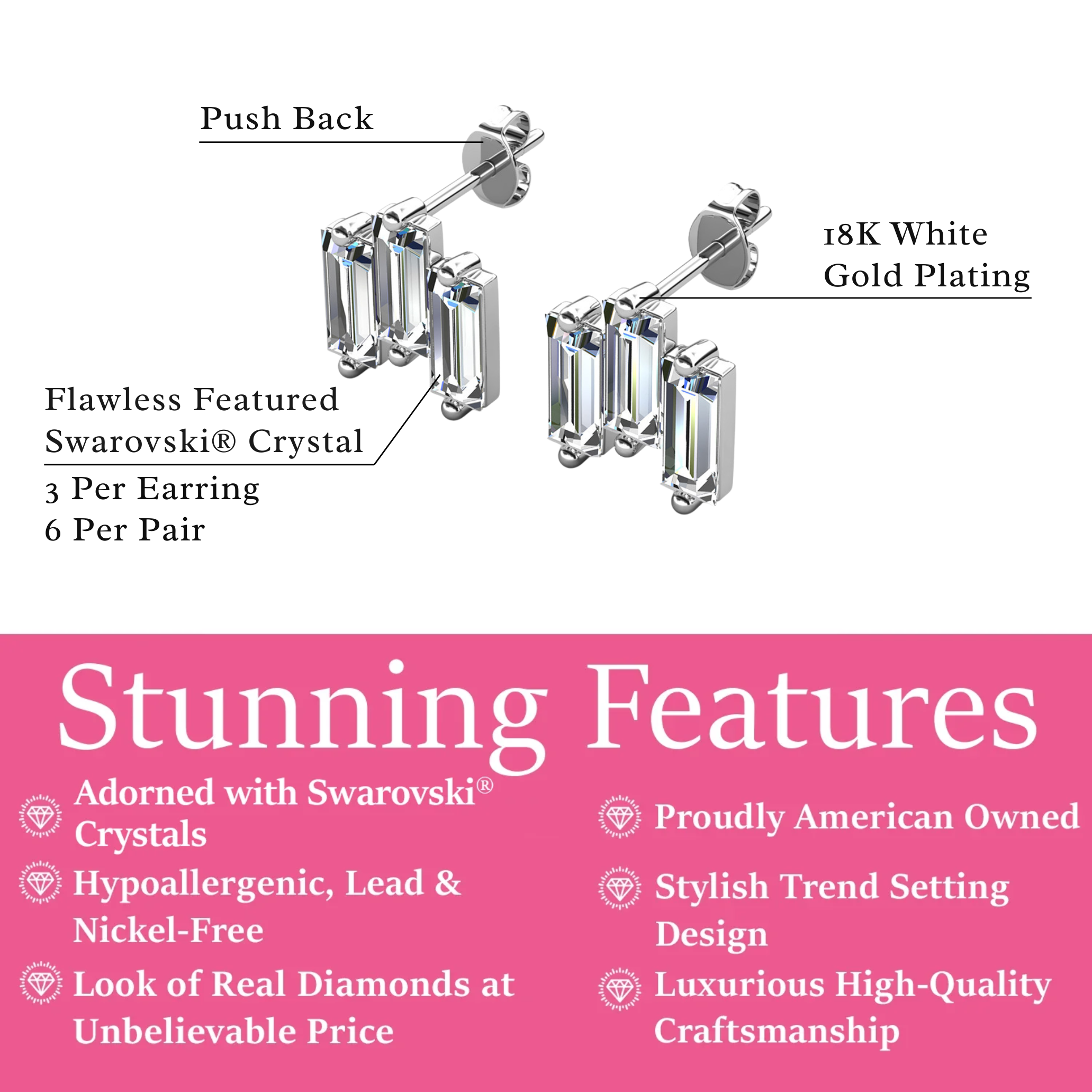 Jovie 18k White Gold Plated 3-Stone Stud Earrings with Swarovski Crystals