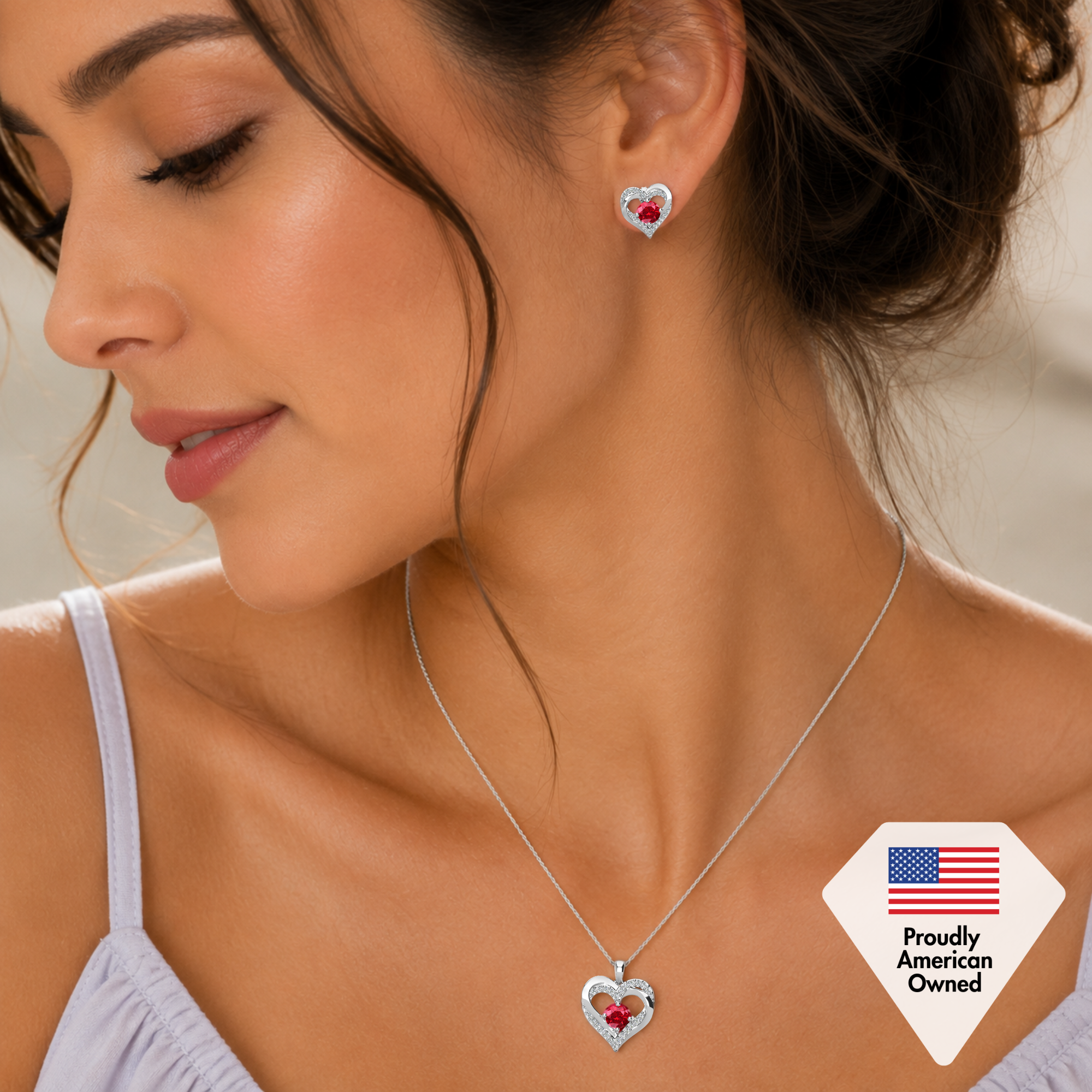 Forever Birthstone 18k White Gold Plated Silver Double Heart Earrings and Necklace Set with Swarovski Crystals