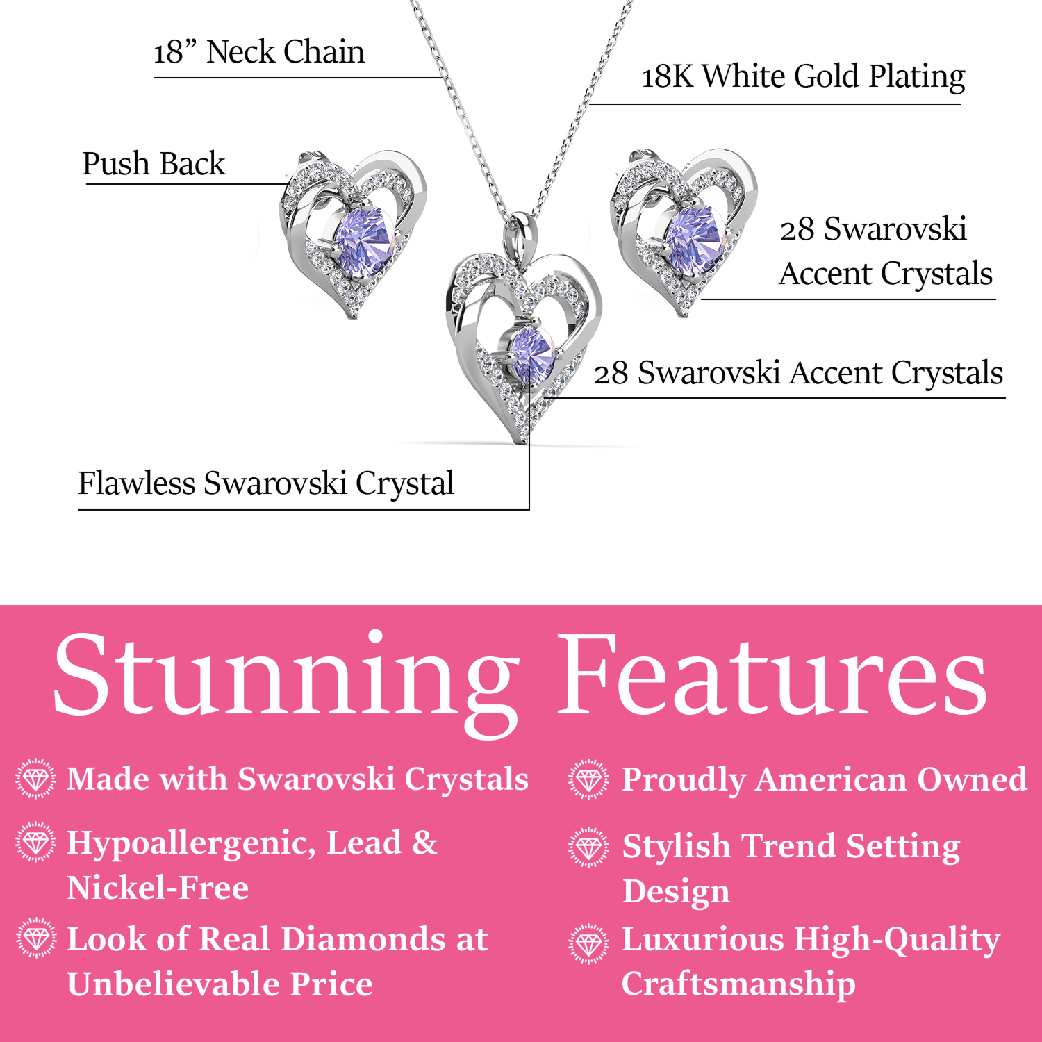 Forever Birthstone 18k White Gold Plated Silver Double Heart Earrings and Necklace Set with Swarovski Crystals