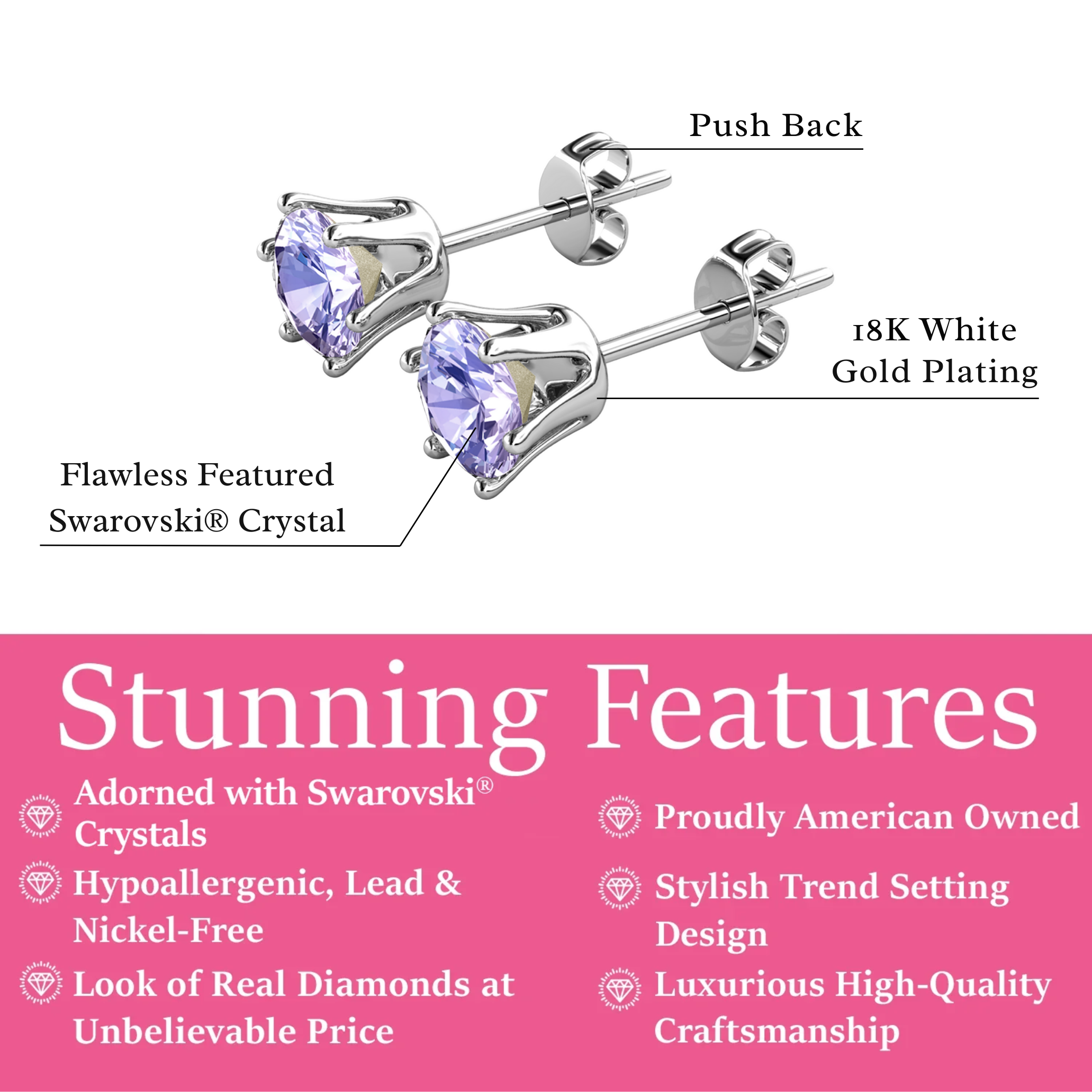 Birthstone Earrings 18k White Gold Plated Stud Earrings with 1ct Solitaire Swarovski Crystals