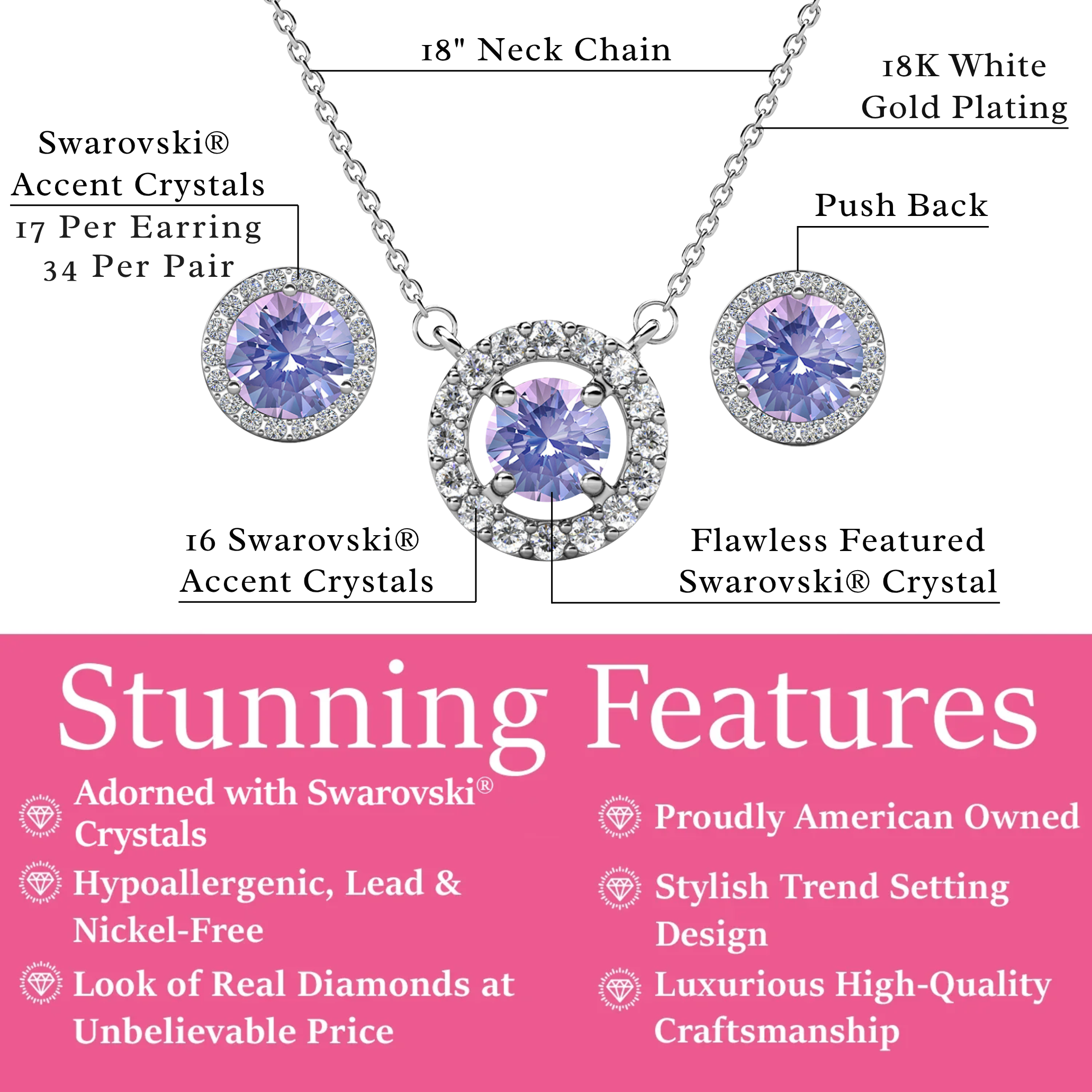 Royal Birthstone 18k White Gold Plated Halo Stud Earrings and Necklace Set with Swarovski Crystals