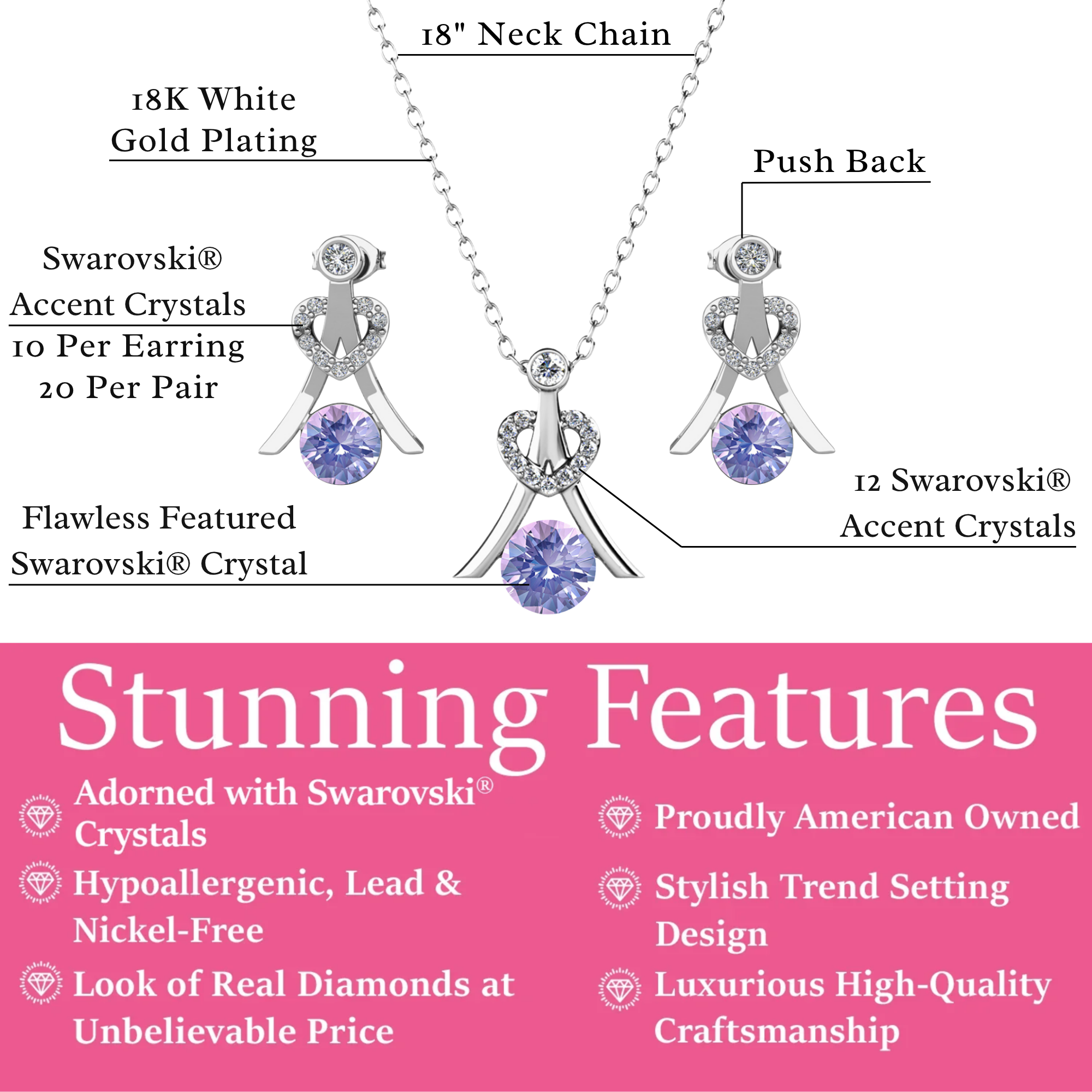 Serenity Birthstone 18k White Gold Plated Drop Earrings and Necklace Set with Swarovski Crystals