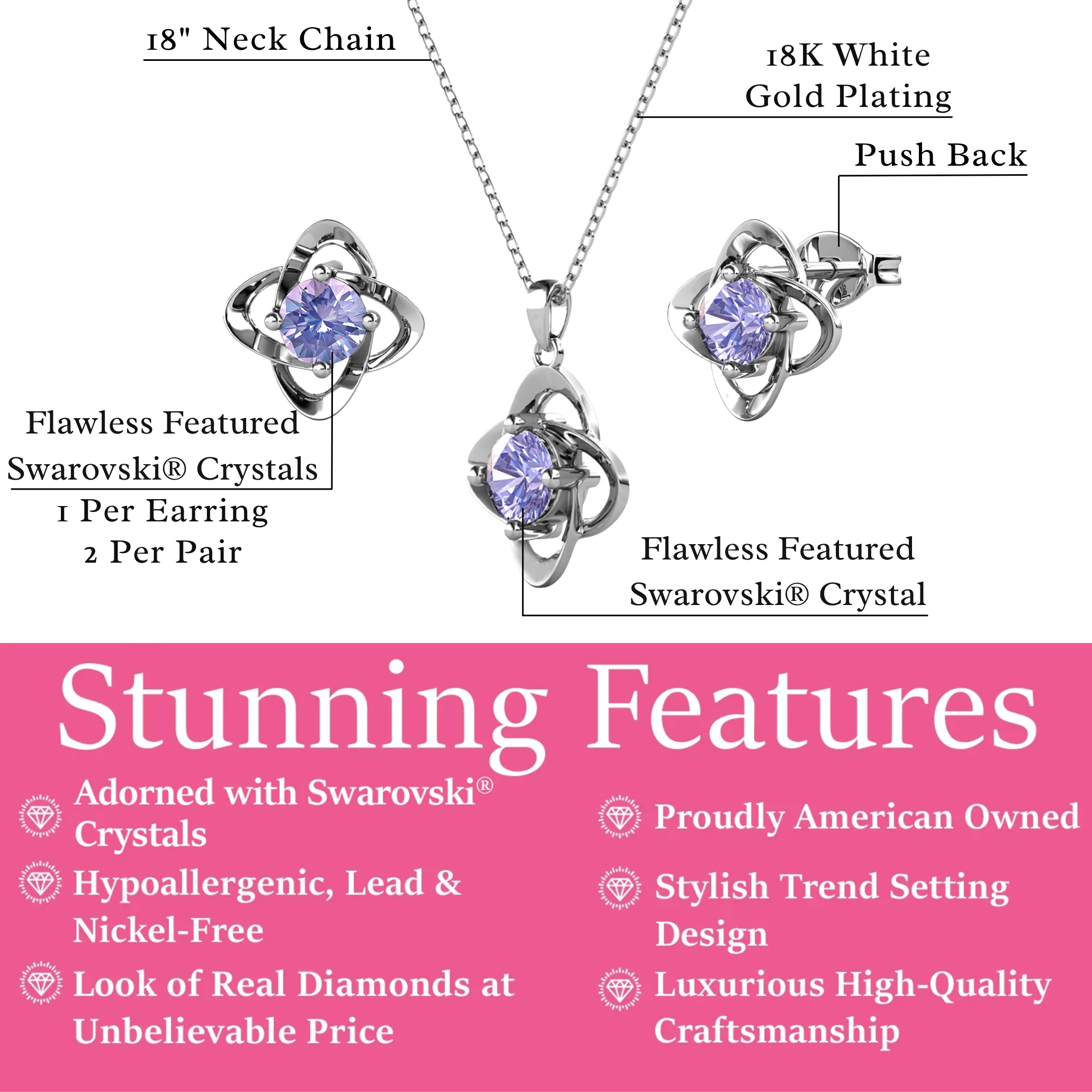 Infinity Birthstone 18k White Gold Plated Stud Earrings and Necklace Set with Swarovski Crystals