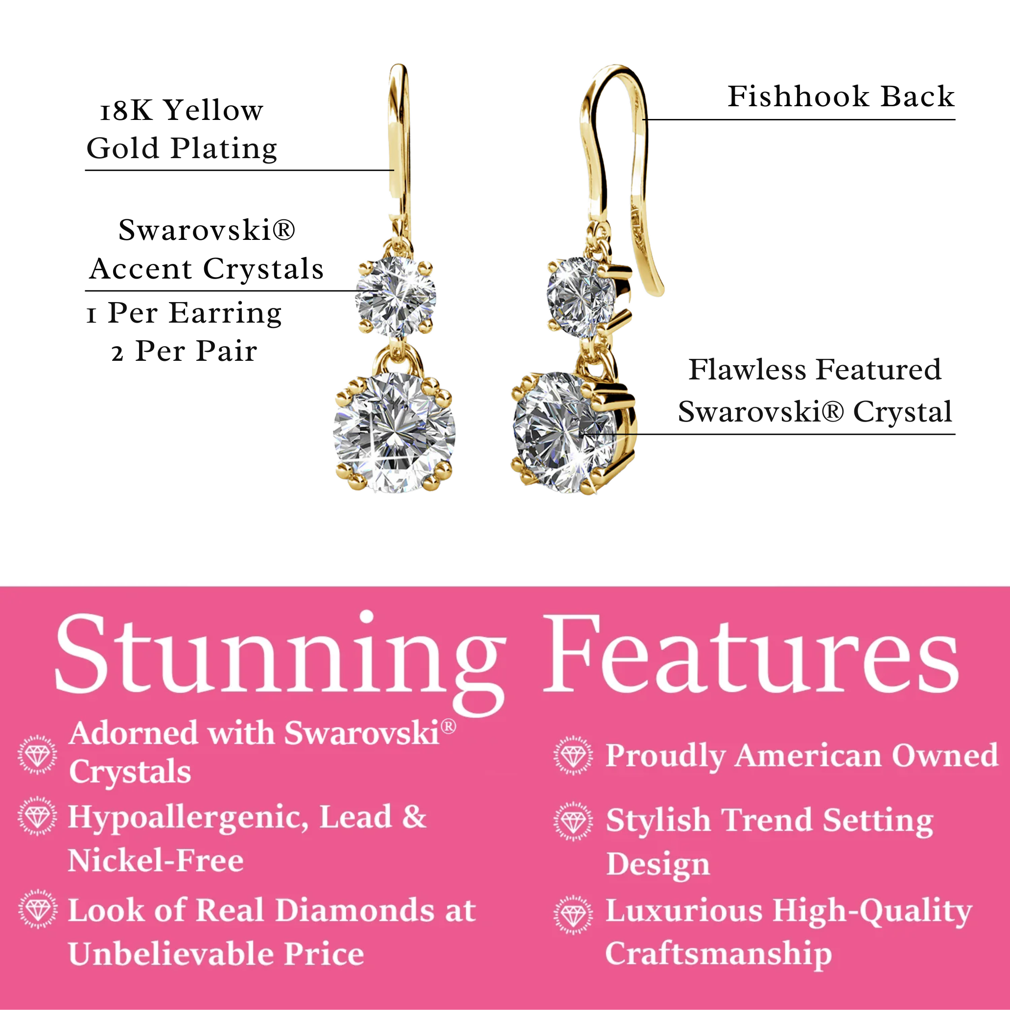 Kadence 18k White Gold Plated Drop Dangle Earrings with Swarovski Crystals
