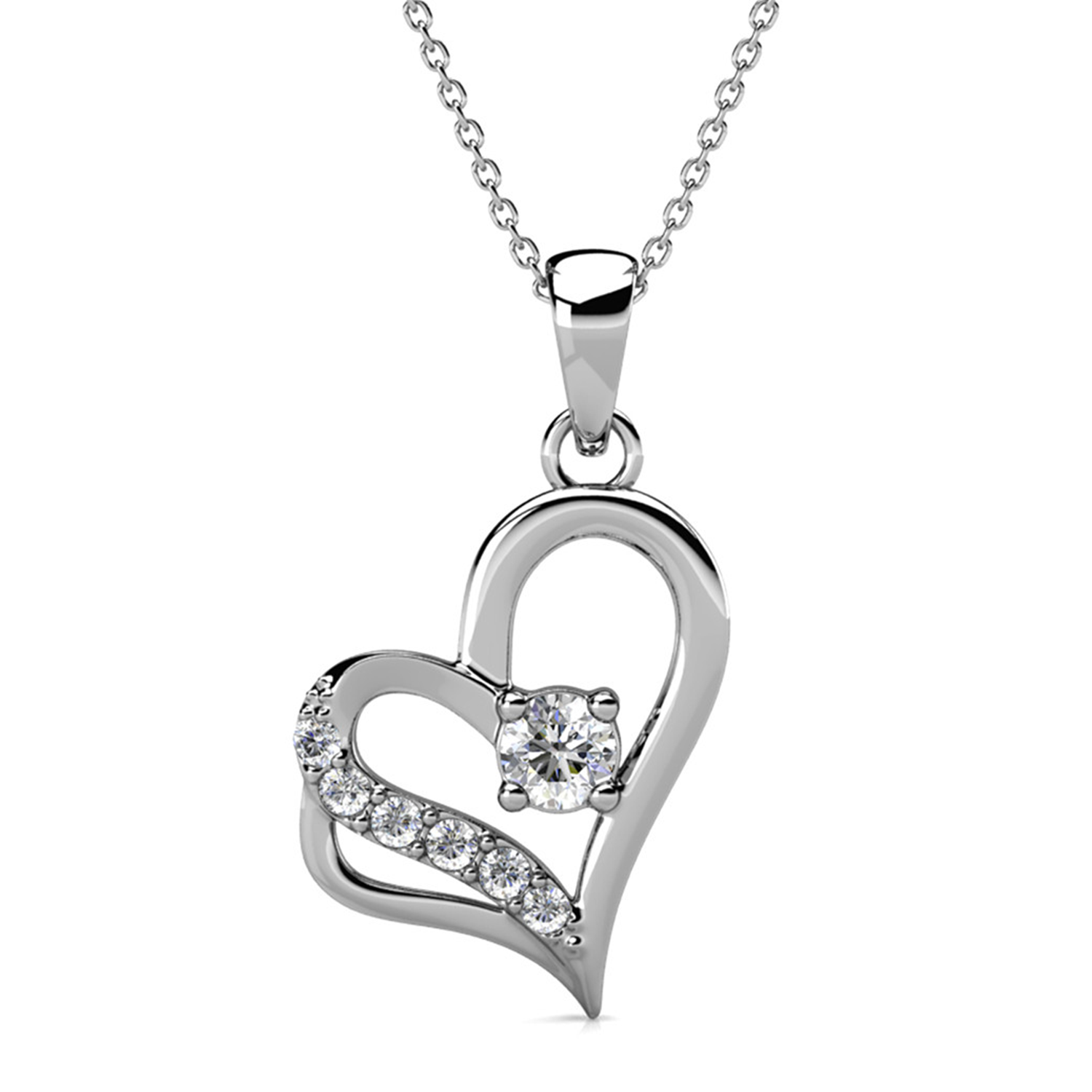 Kara 18k White Gold Plated Silver Heart Necklace and Earring Set with Swarovski Crystals