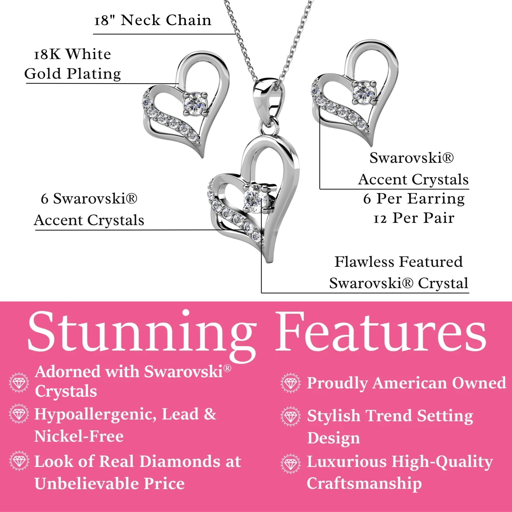 Kara 18k White Gold Plated Silver Heart Necklace and Earring Set with Swarovski Crystals