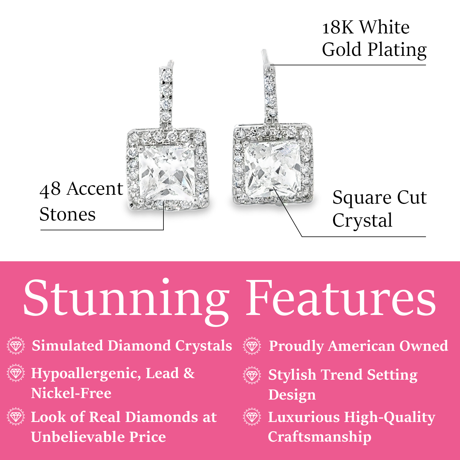 Kelsey 18k White Gold Plated Silver Crystal Drop Earrings with Simulated Diamond  Crystals