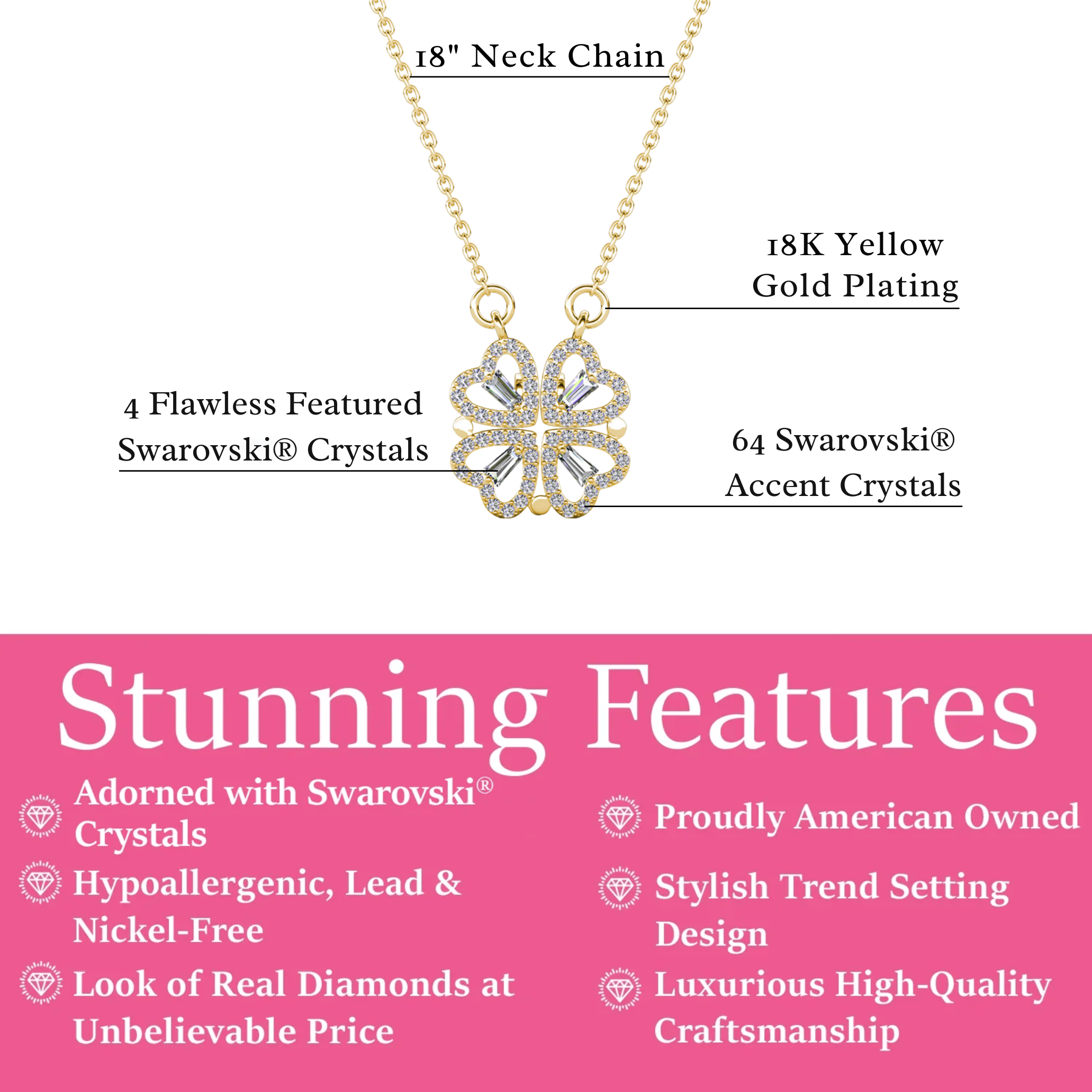 Posie 18k White Gold Plated 2-in-1 Heart/Clover Pendant Necklace with Swarovski Crystals