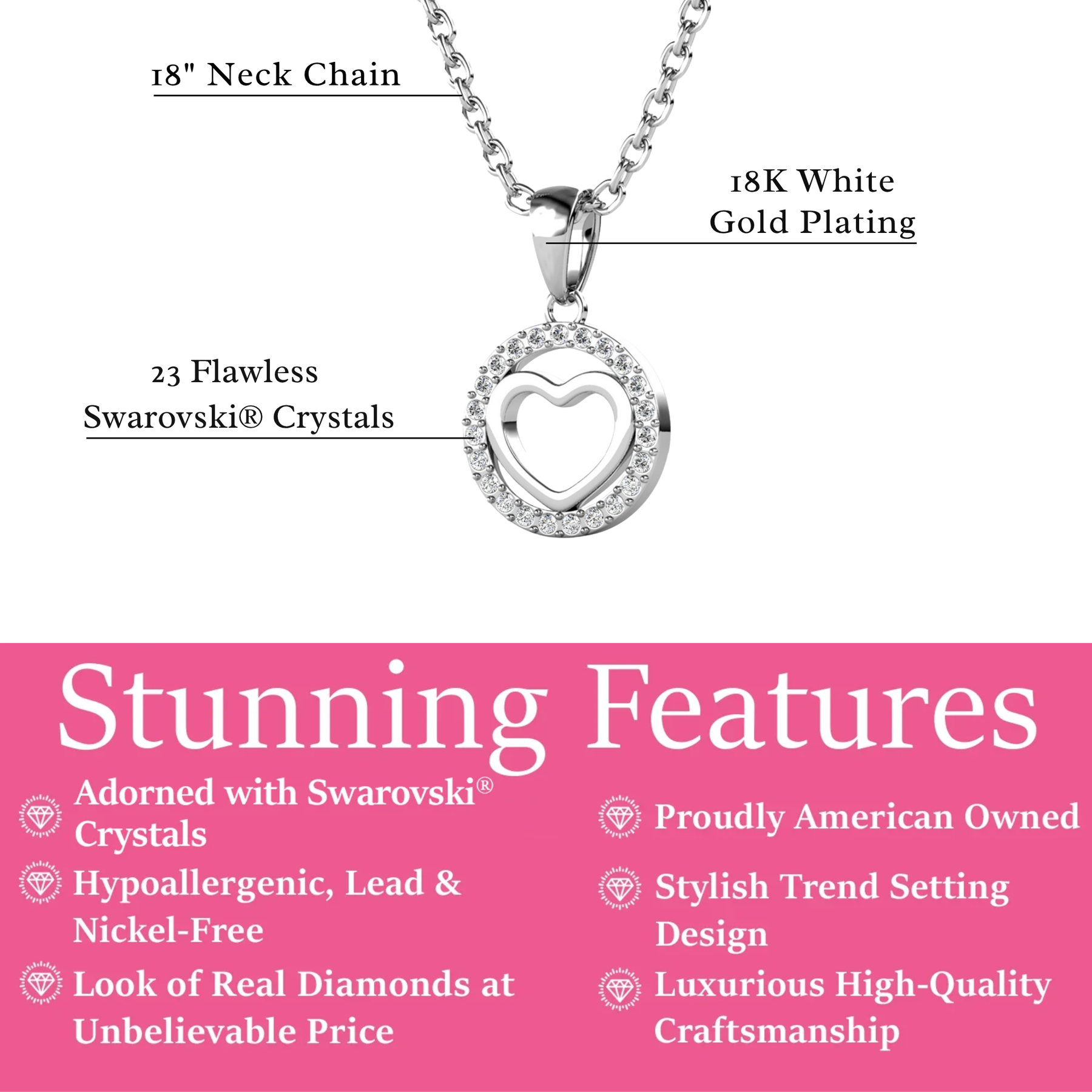 Khaleesi 18k White Gold Plated Silver Heart Necklace with Swarovski Crystals