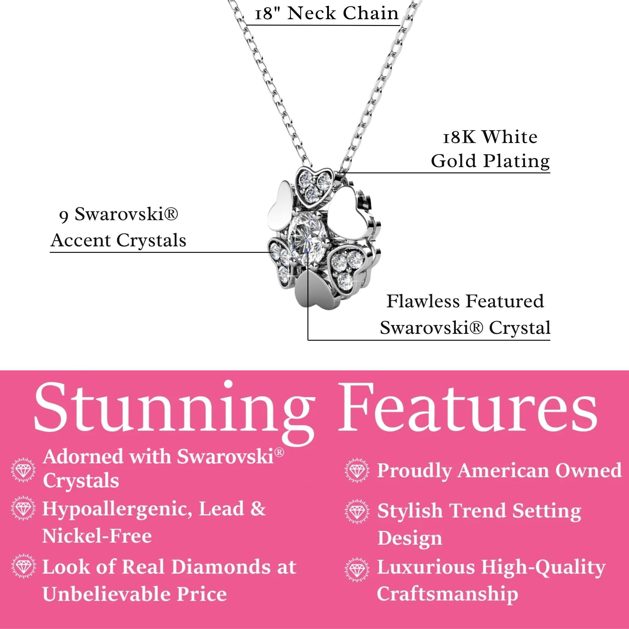 Khloe 18k White Gold Heart Pendant Necklace with Round Cut Swarovski Crystals