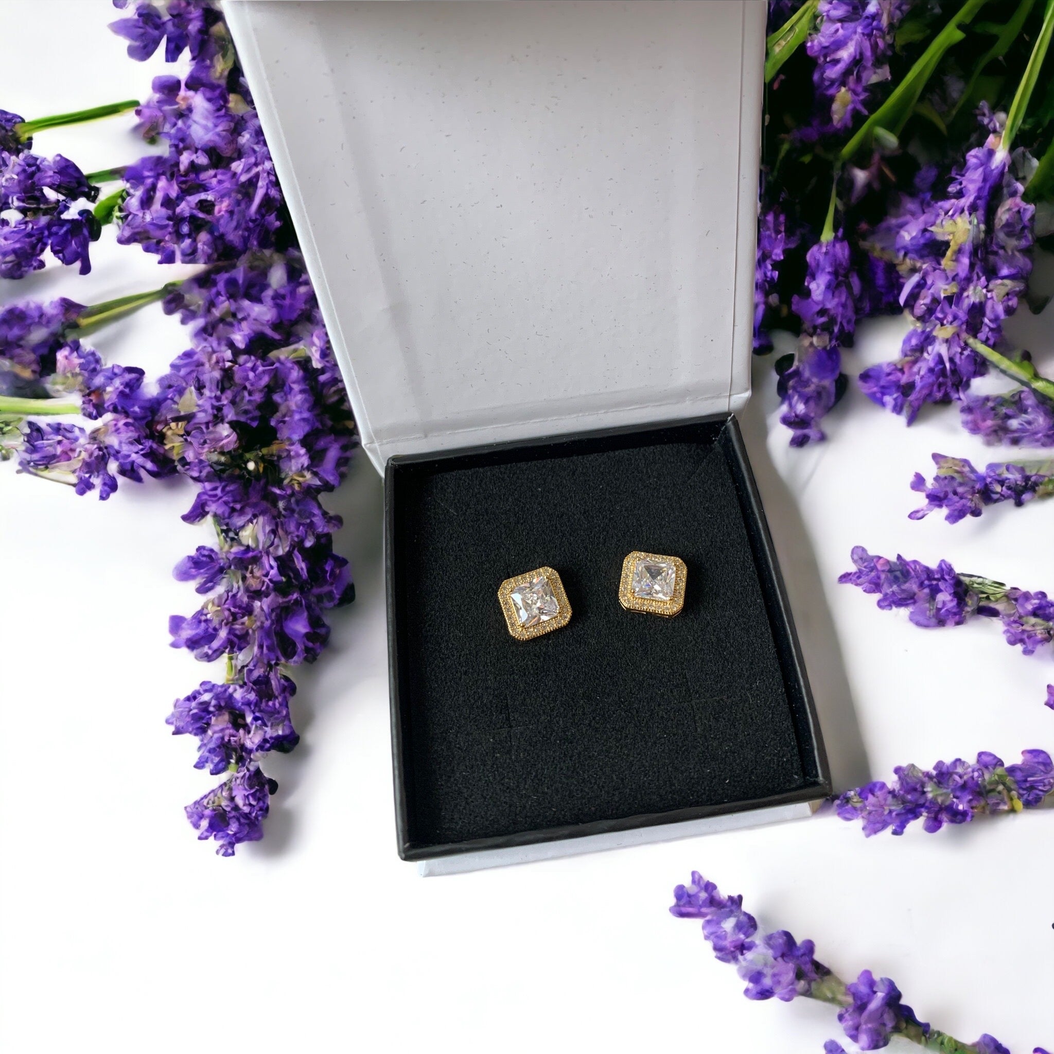 Londyn 18k White Gold Plated Princess Cut Halo Stud Earrings with Simulated Diamond Crystals