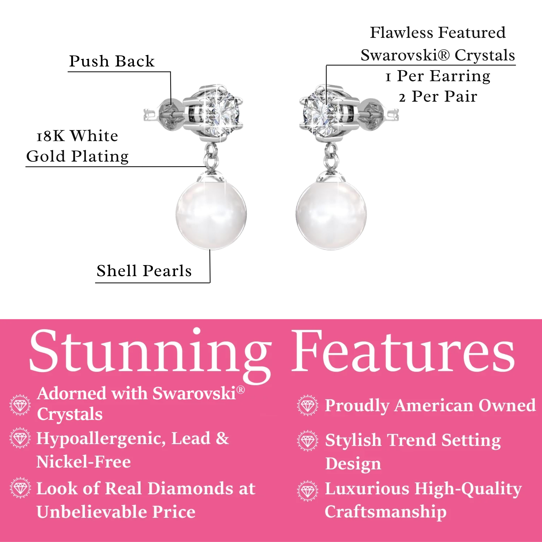 Kyra 18k White Gold Plated Pearl Drop Earrings with Swarovski Crystals - FAV FAB