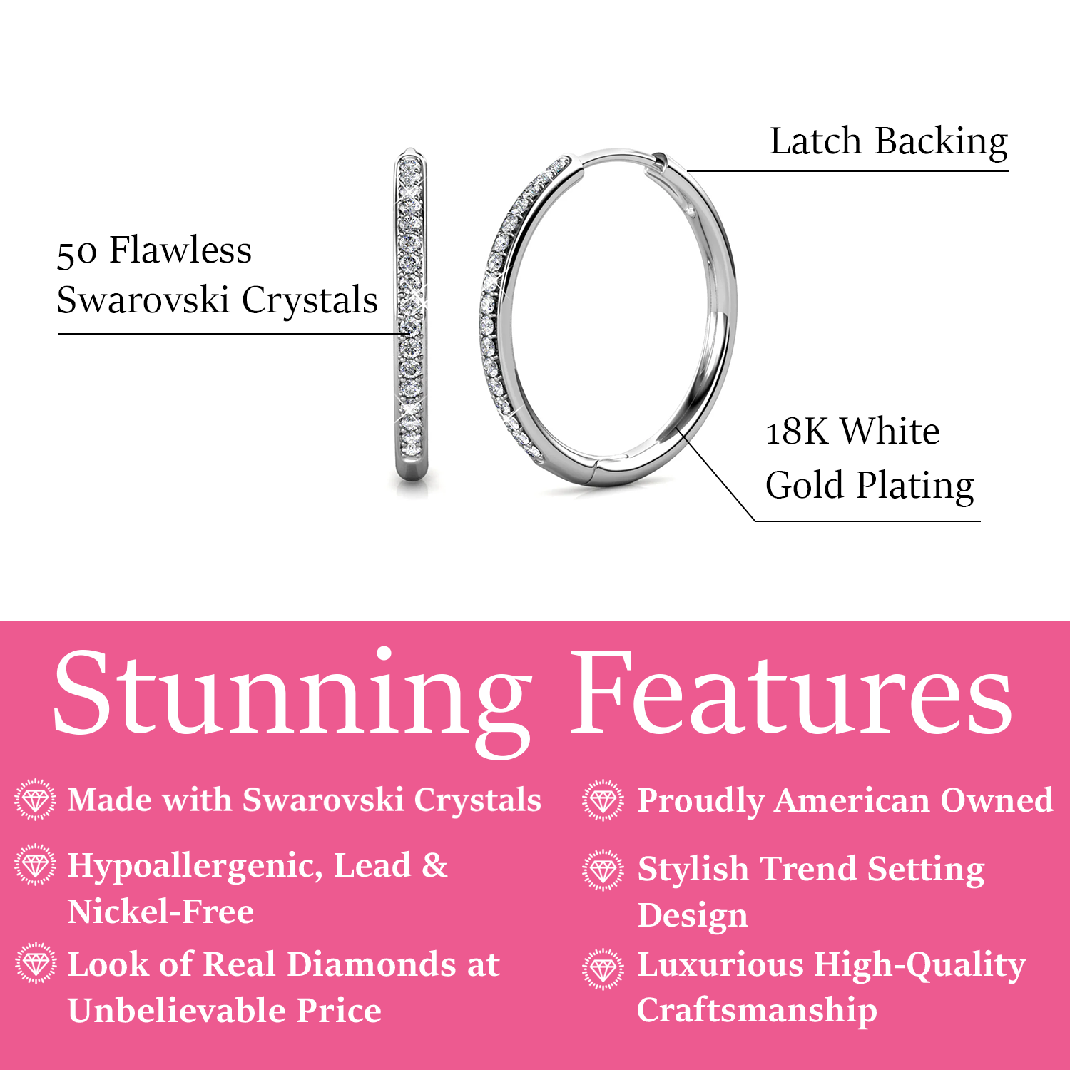 Leslie 18k White Gold Plated 38mm Hoop Earrings with Swarovski Crystals