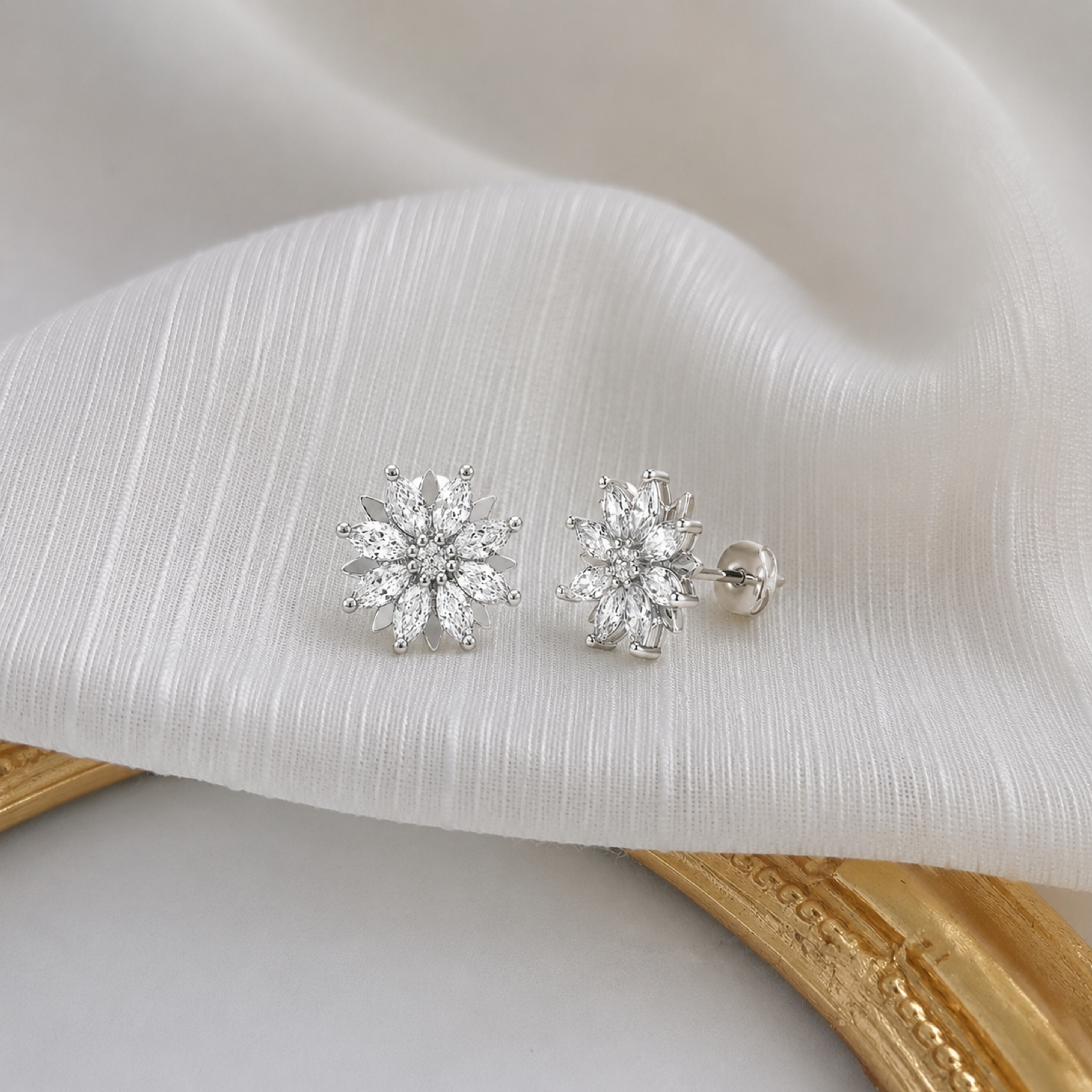 Lily 18k White Gold Plated Flower Stud Earrings with Simulated Diamond Crystals - FAB FAV
