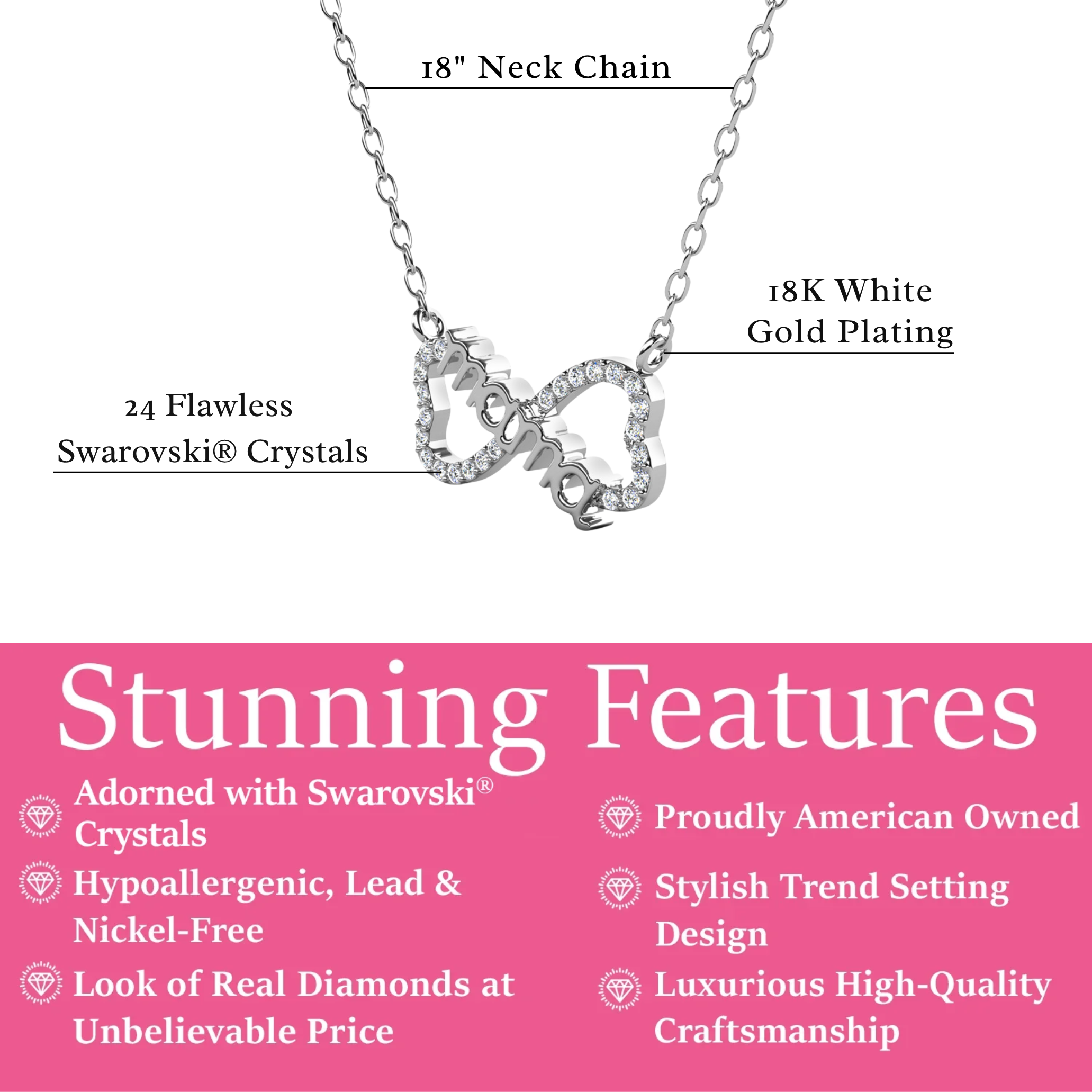 Lisa 18k White Gold Plated Infinity Mom Heart Necklace with Swarovski Crystals