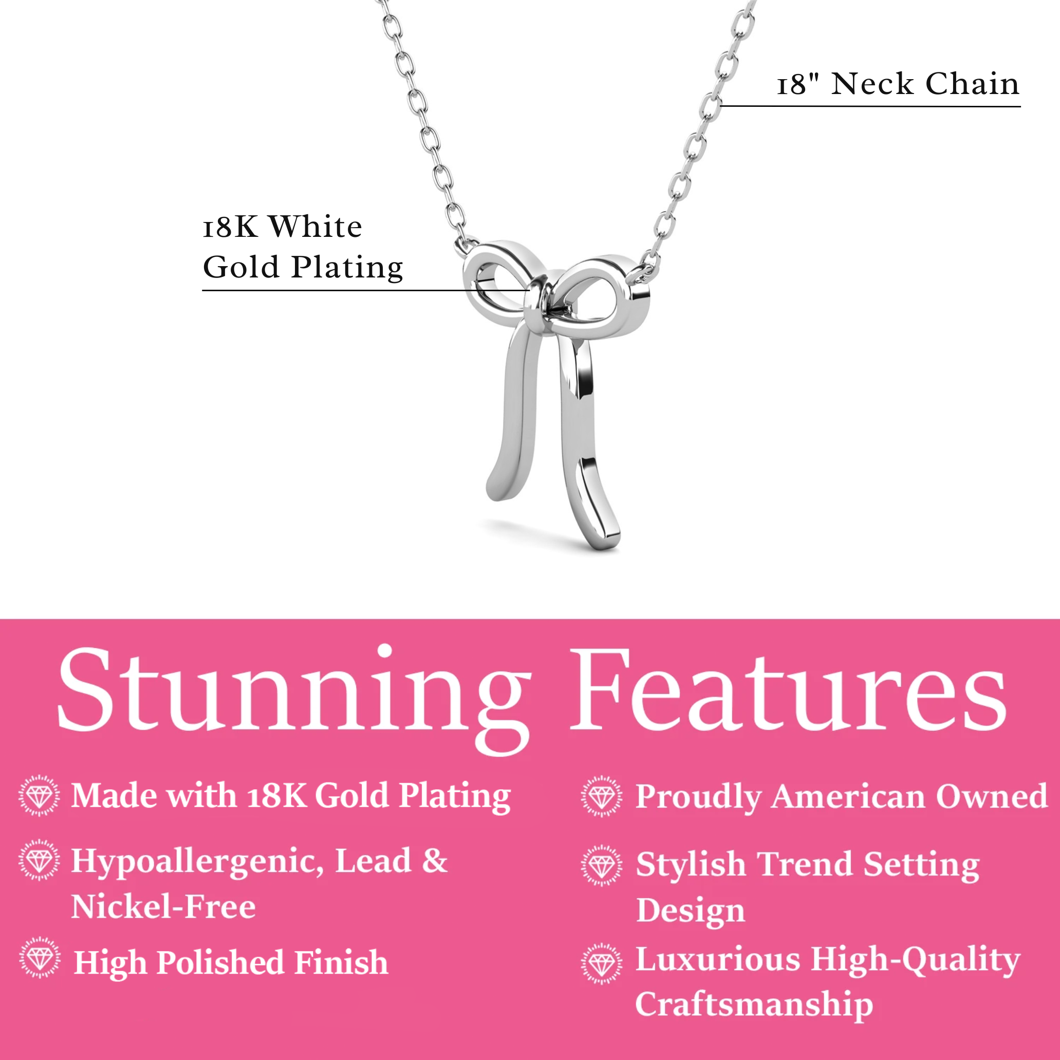 Lola 18k White Gold Plated Ribbon/Bow Pendant Necklace
