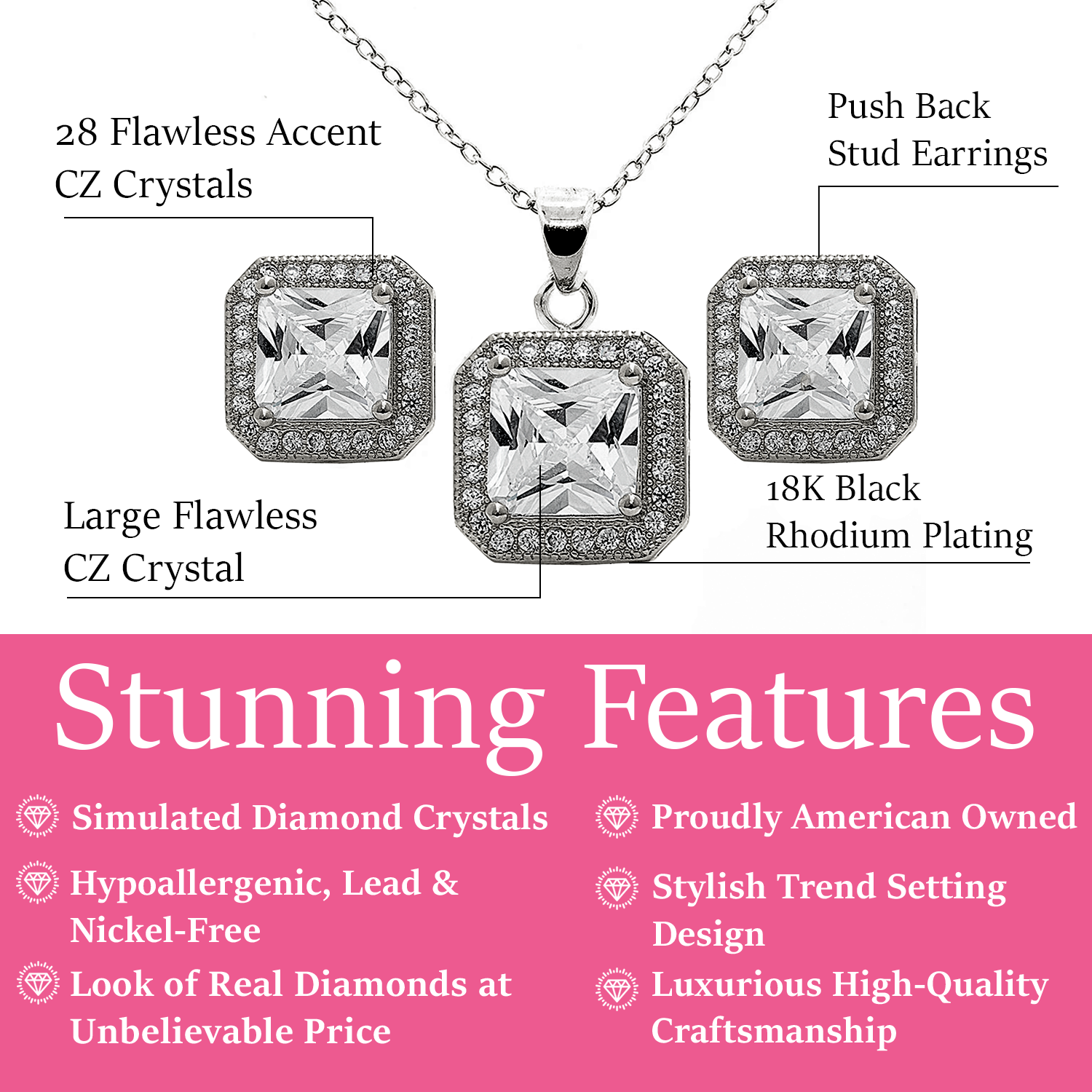 Londyn 18K White Gold Princess Cut CZ Halo Necklace and Earrings Jewelry Set