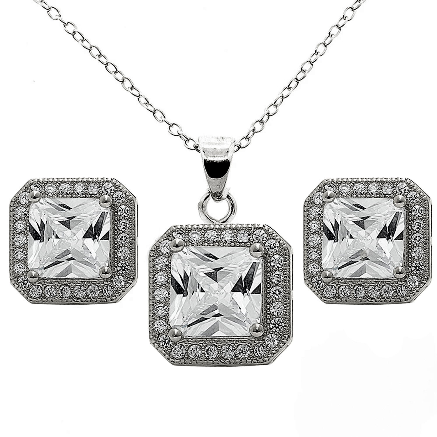 Londyn 18K White Gold Princess Cut CZ Halo Necklace and Earrings Jewelry Set