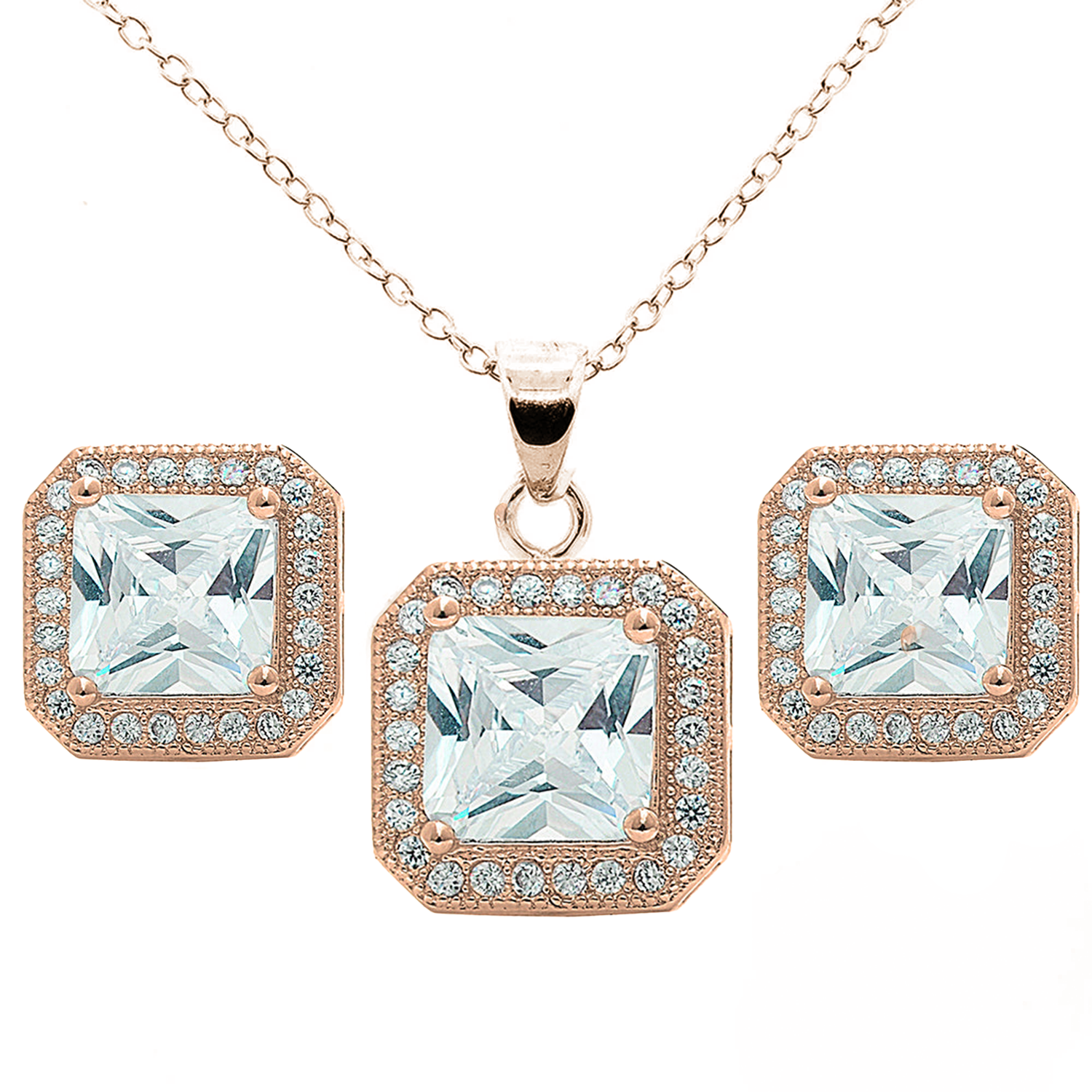 Londyn 18K White Gold Princess Cut CZ Halo Necklace and Earrings Jewelry Set