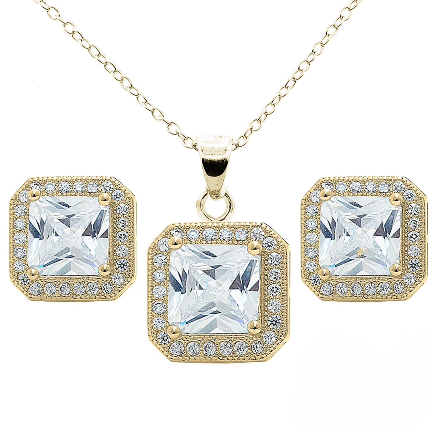 Londyn 18K White Gold Princess Cut CZ Halo Necklace and Earrings Jewelry Set