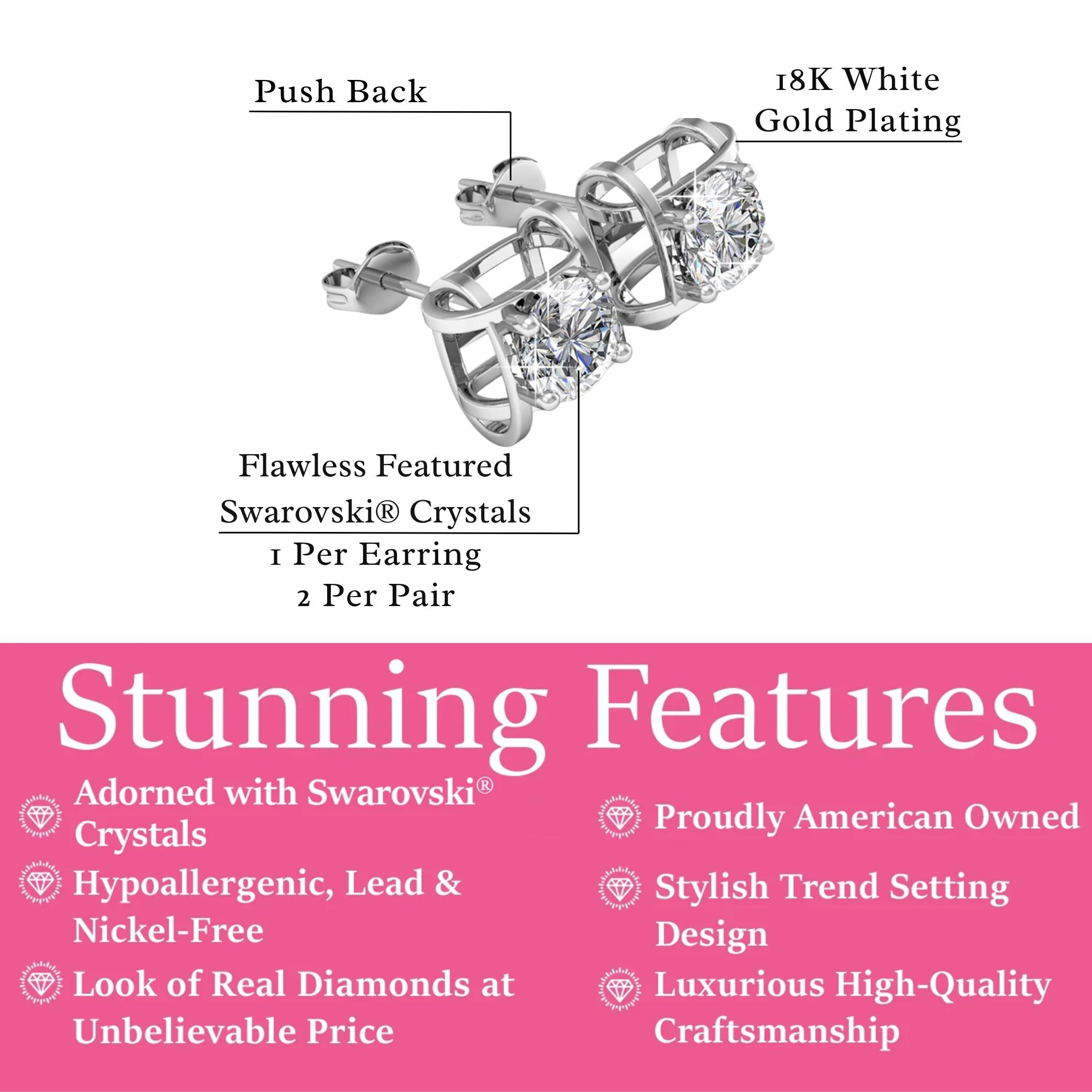 Lorelei 18k White Gold Plated Stud Earrings with Round Swarovski Crystals