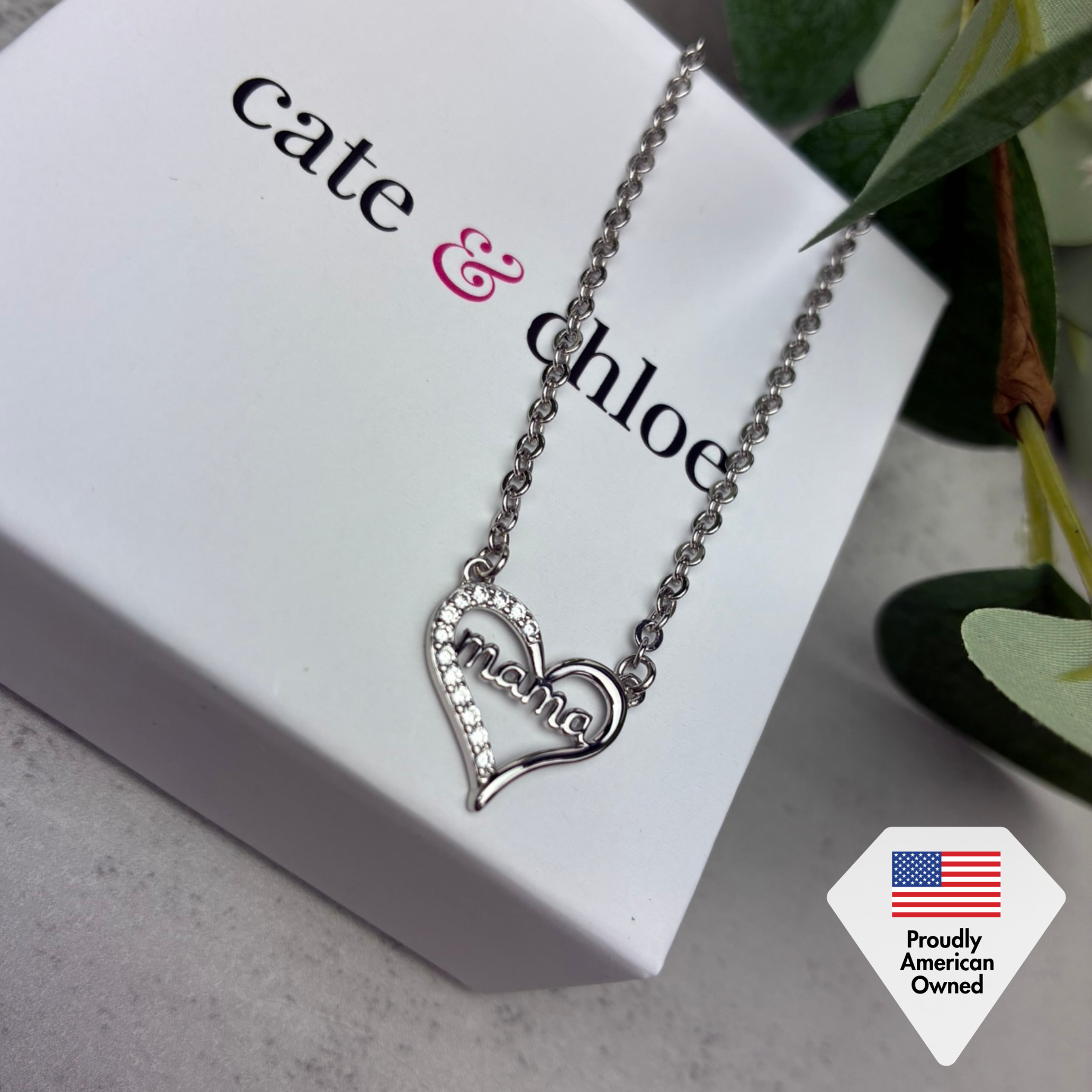 Louise 18k White Gold Plated Mama Heart Necklace with Simulated Diamond Crystals